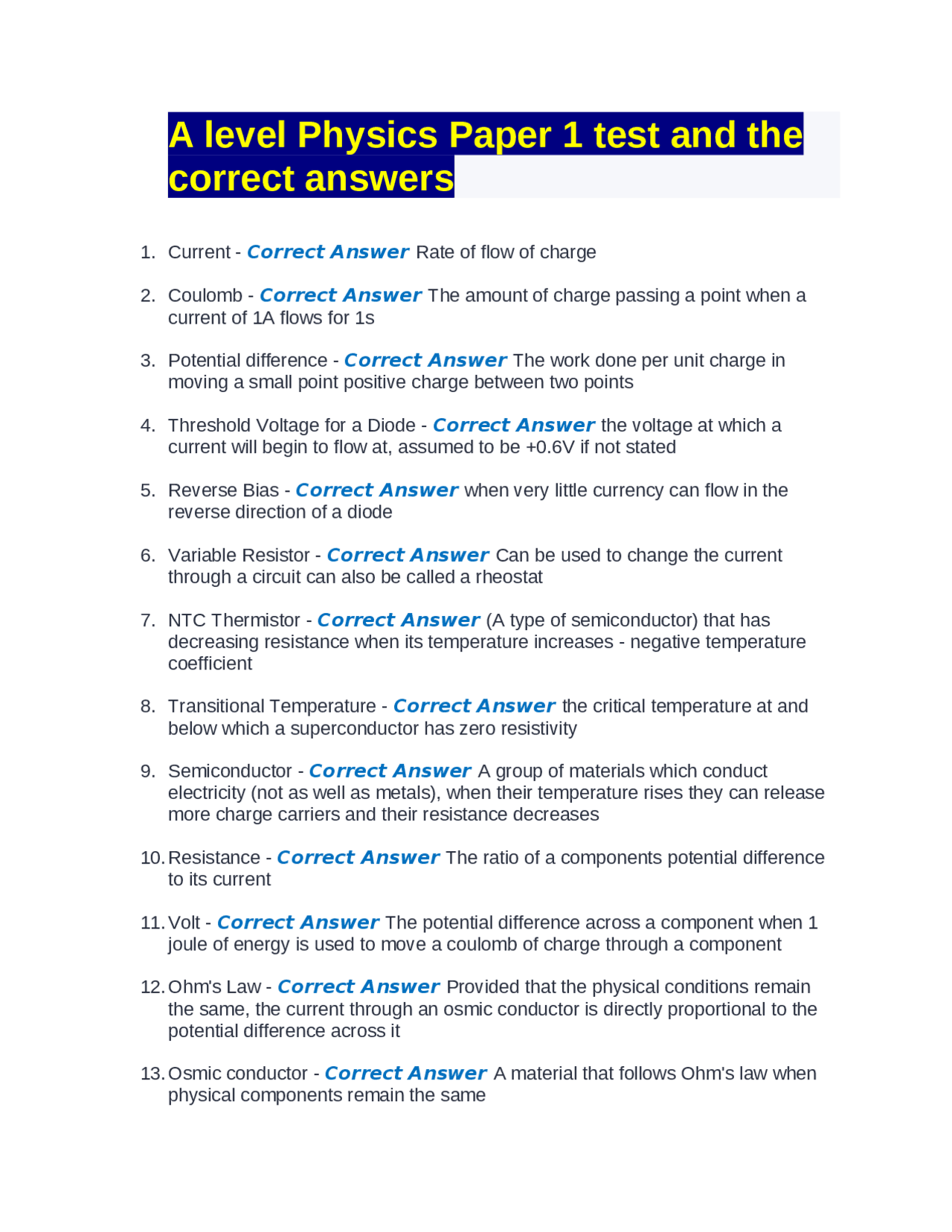 A level Physics Paper 1 test and the correct answers | Exams Physics ...
