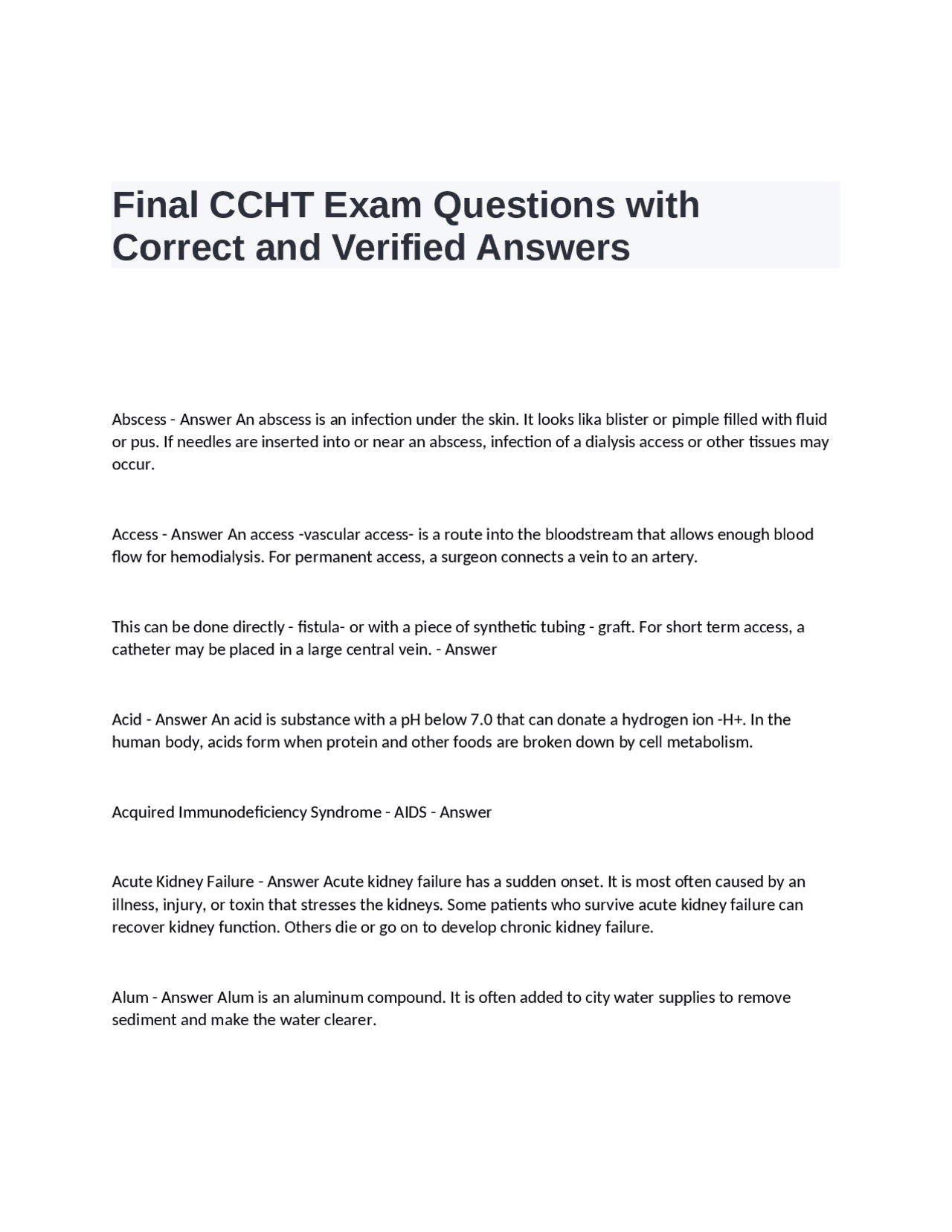 Final CCHT Exam Questions with Correct and Verified Answers | Exams ...