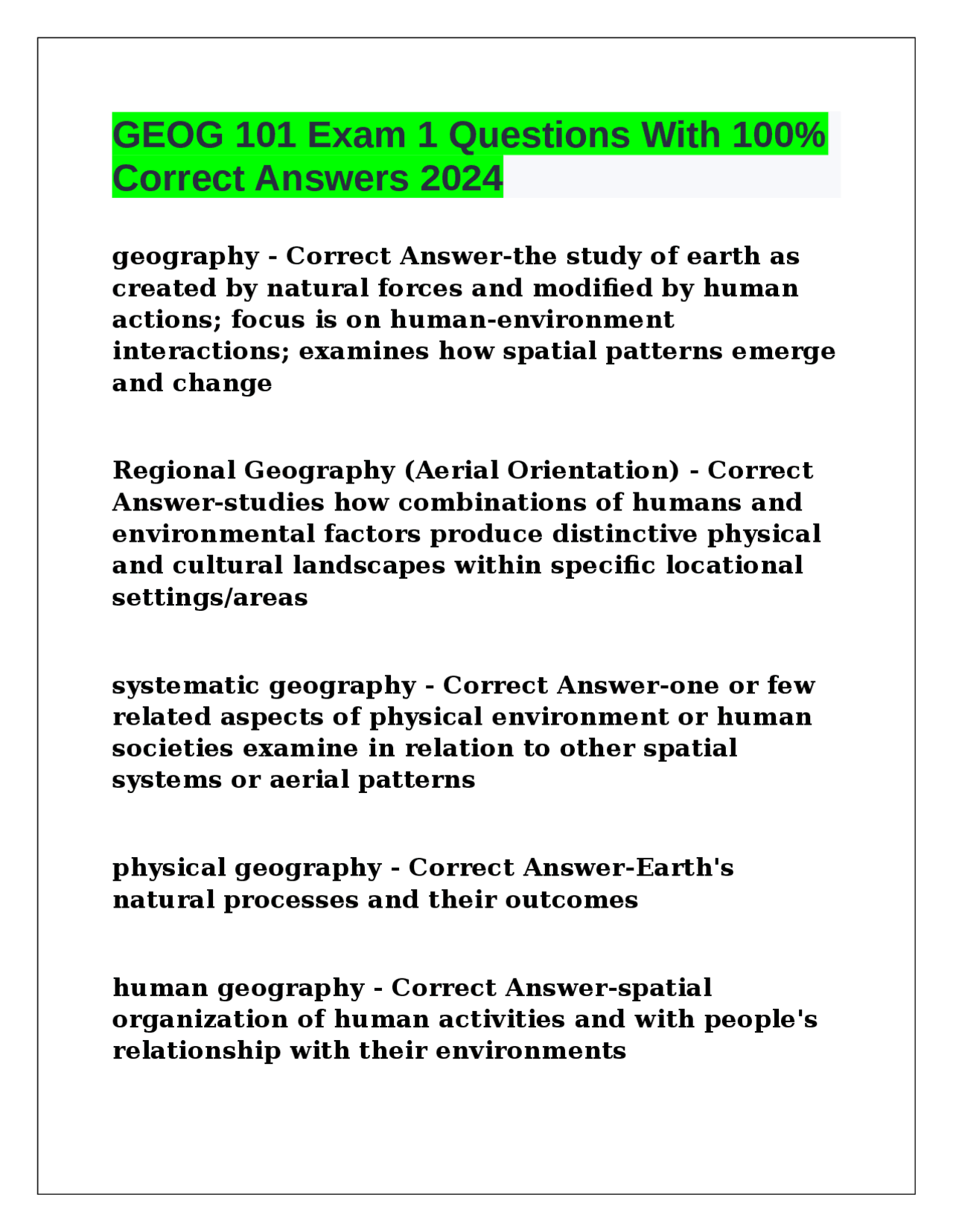 GEOG 101 Exam 1 Questions With 100 Correct Answers 2024 Exams