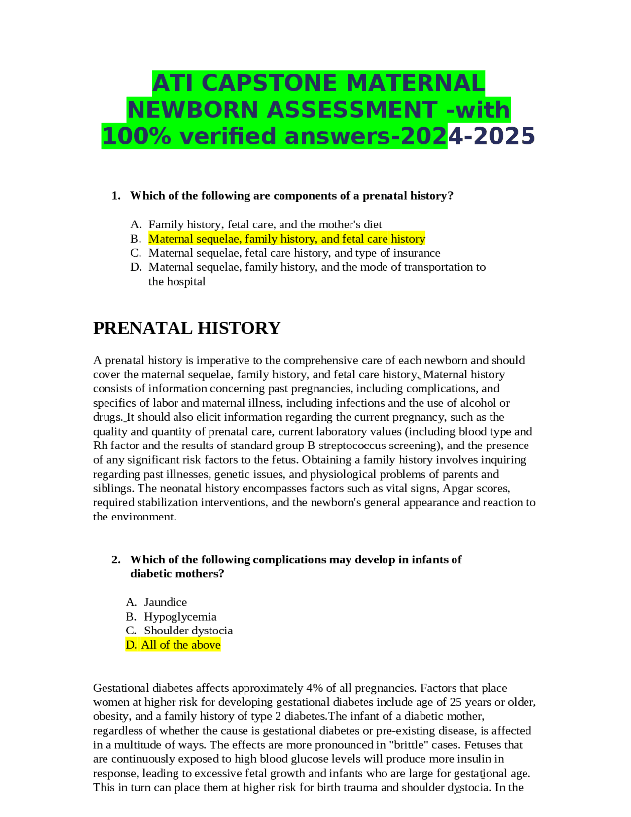 ATI CAPSTONE MATERNAL NEWBORN ASSESSMENT -with 100% verified answers-2024-2025.docx | Exams ...