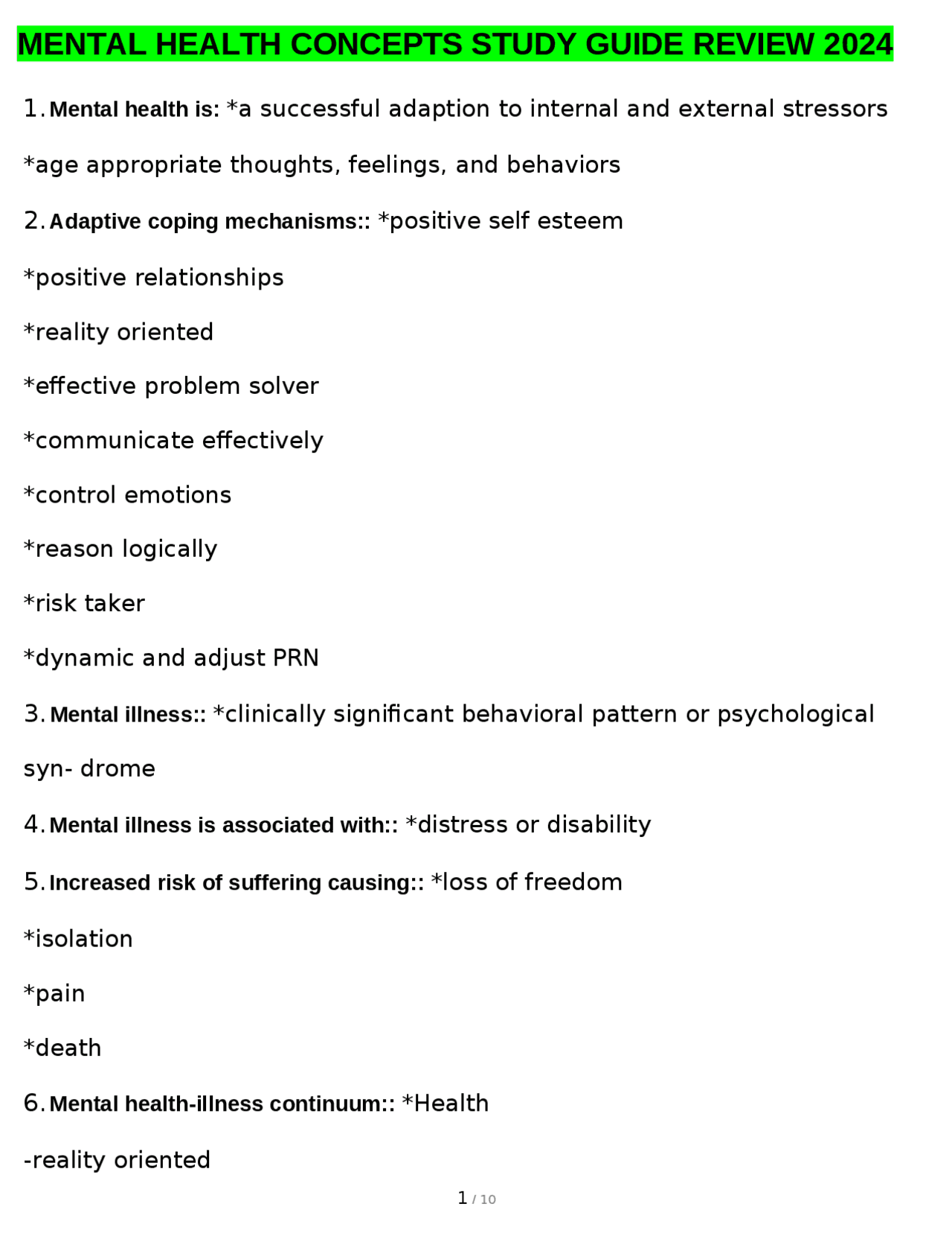 MENTAL HEALTH CONCEPTS STUDY GUIDE REVIEW 2024 | Exams Nursing | Docsity