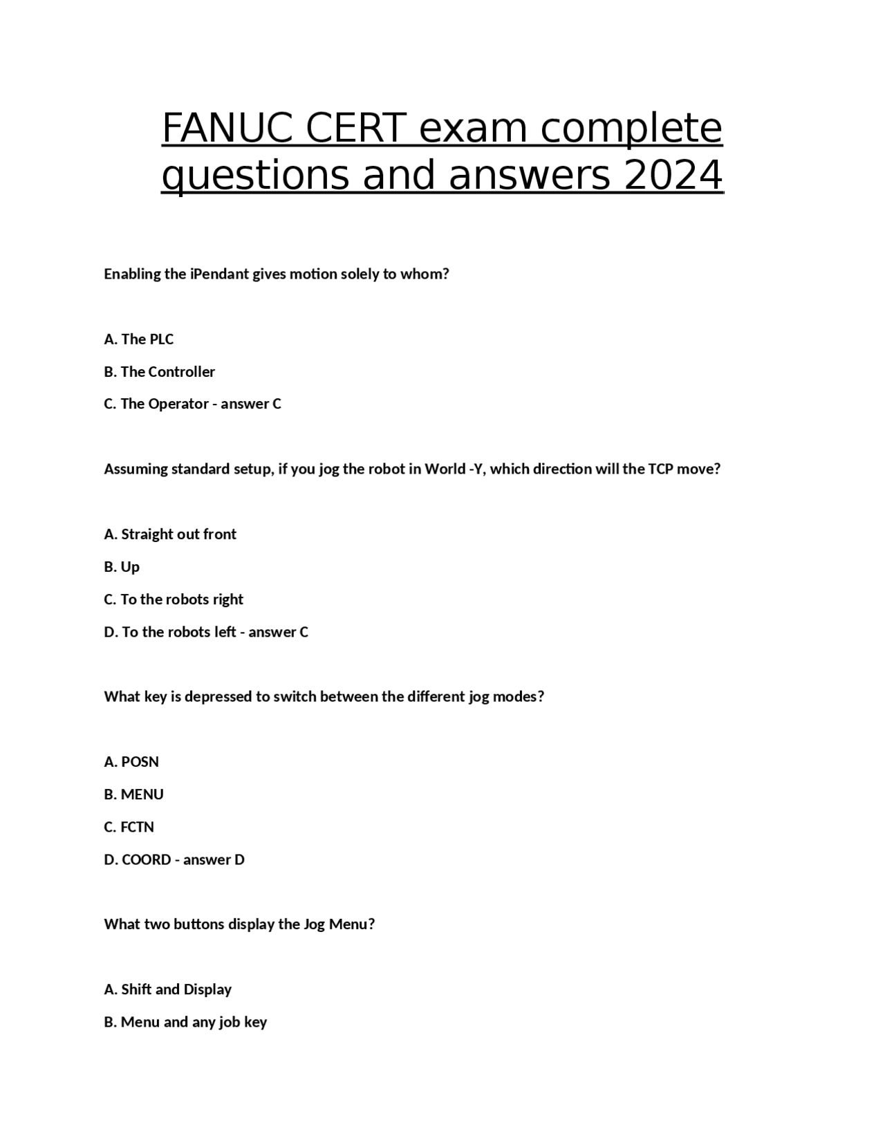 FANUC CERT exam complete questions and answers 2024 | Exams Nursing ...