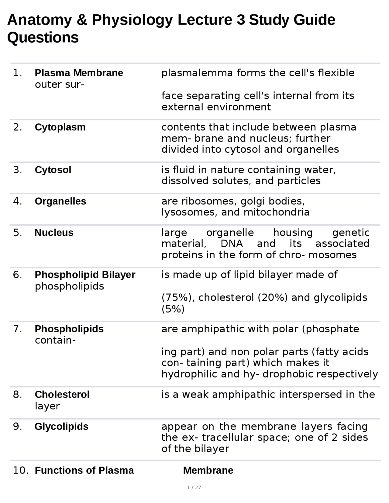Anatomy & Physiology Lecture 3 Study Guide Questions | Exams Nursing ...