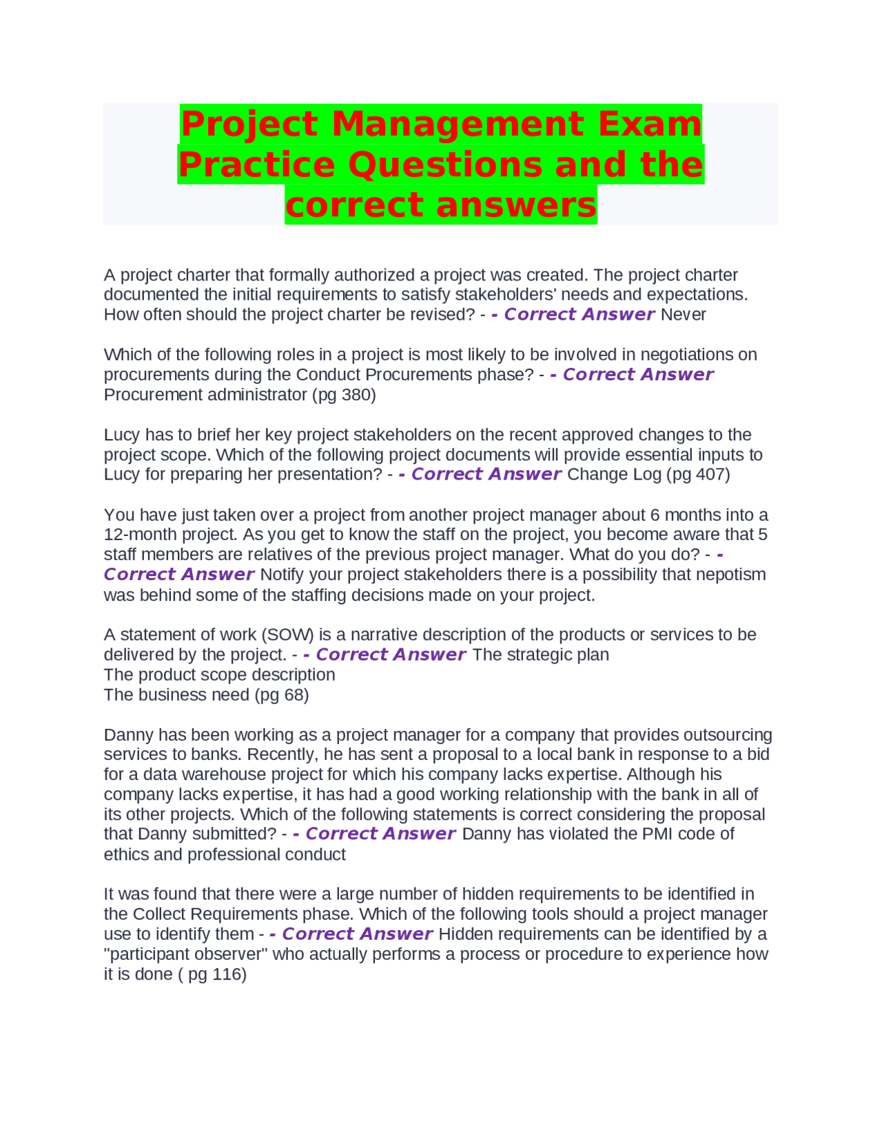 Project Management Exam Practice Questions and the correct answers ...