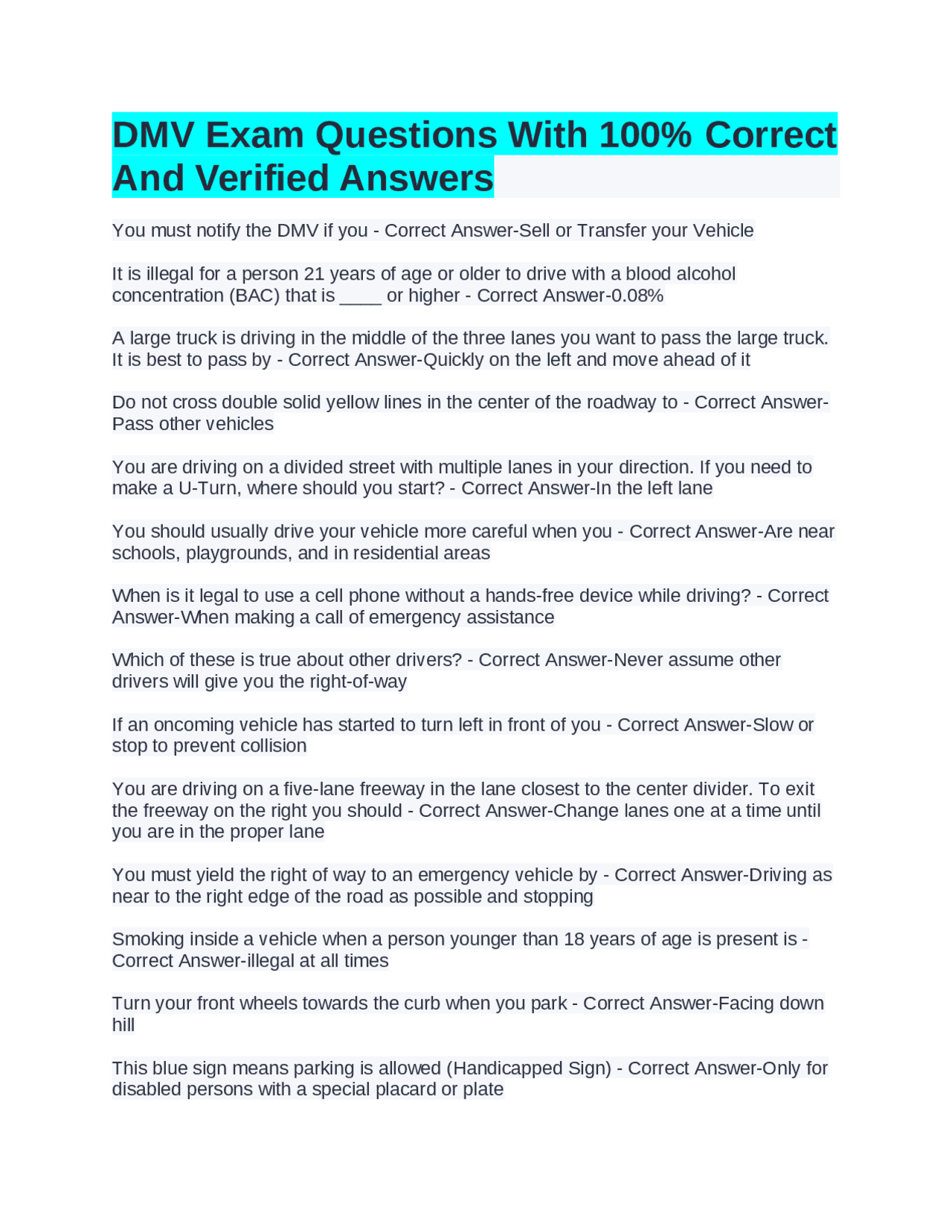 DMV Exam Questions With 100% Correct And Verified Answers | Exams ...