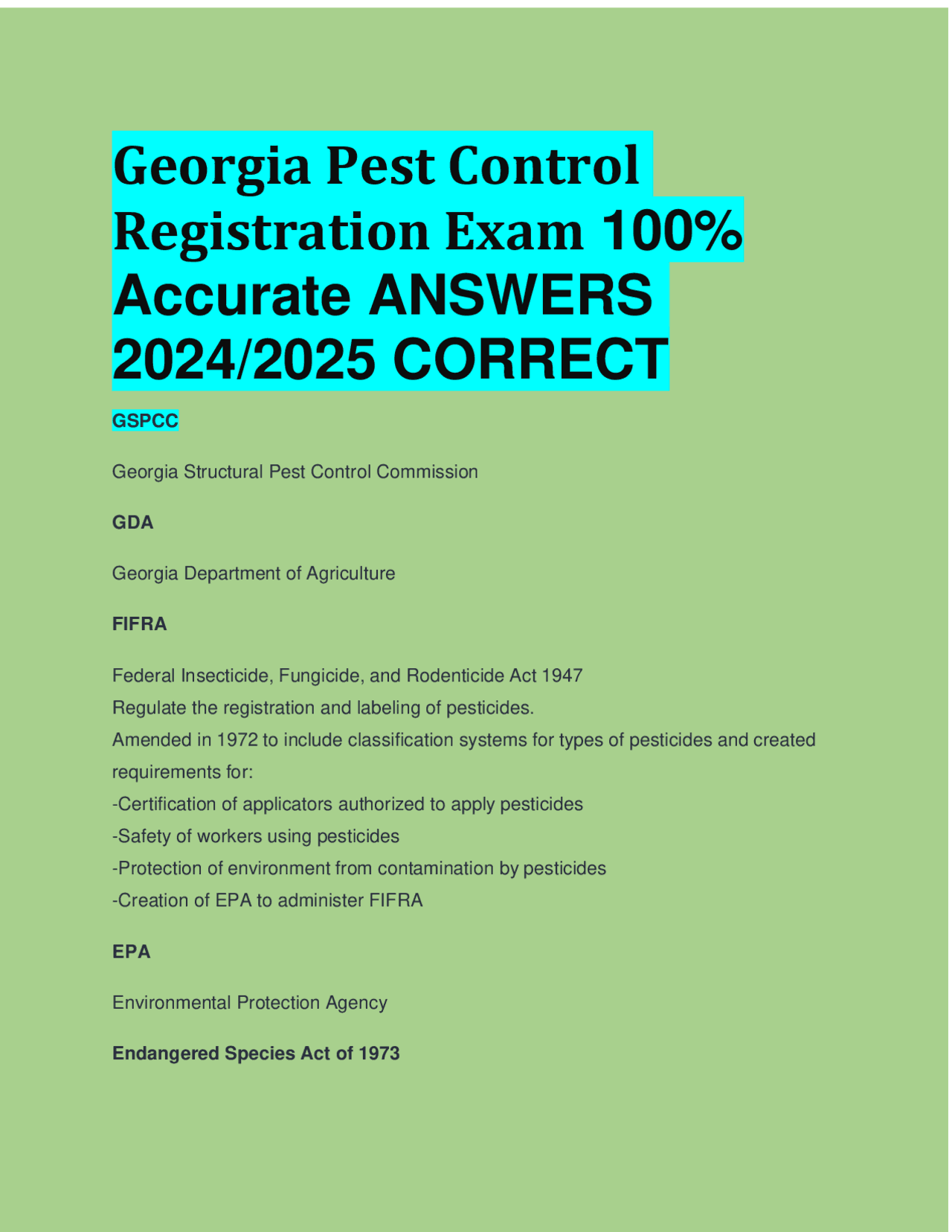 Georgia Pest Control Registration Exam 100% Accurate ANSWERS 2024/2025 ...