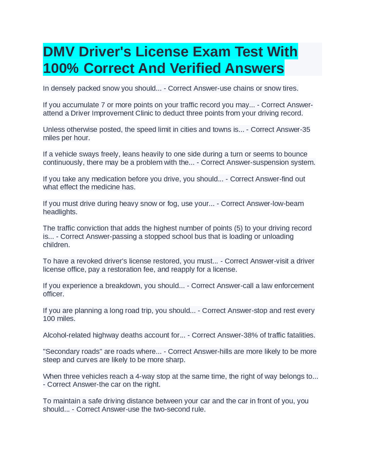 DMV Driver's License Exam Test With 100% Correct And Verified Answers ...