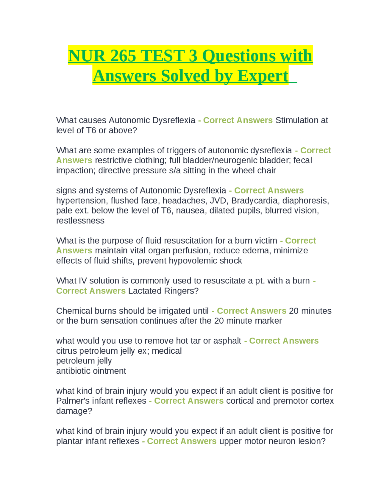 NUR 265 TEST 3 Questions with Answers Solved by Expert | Exams Nursing ...
