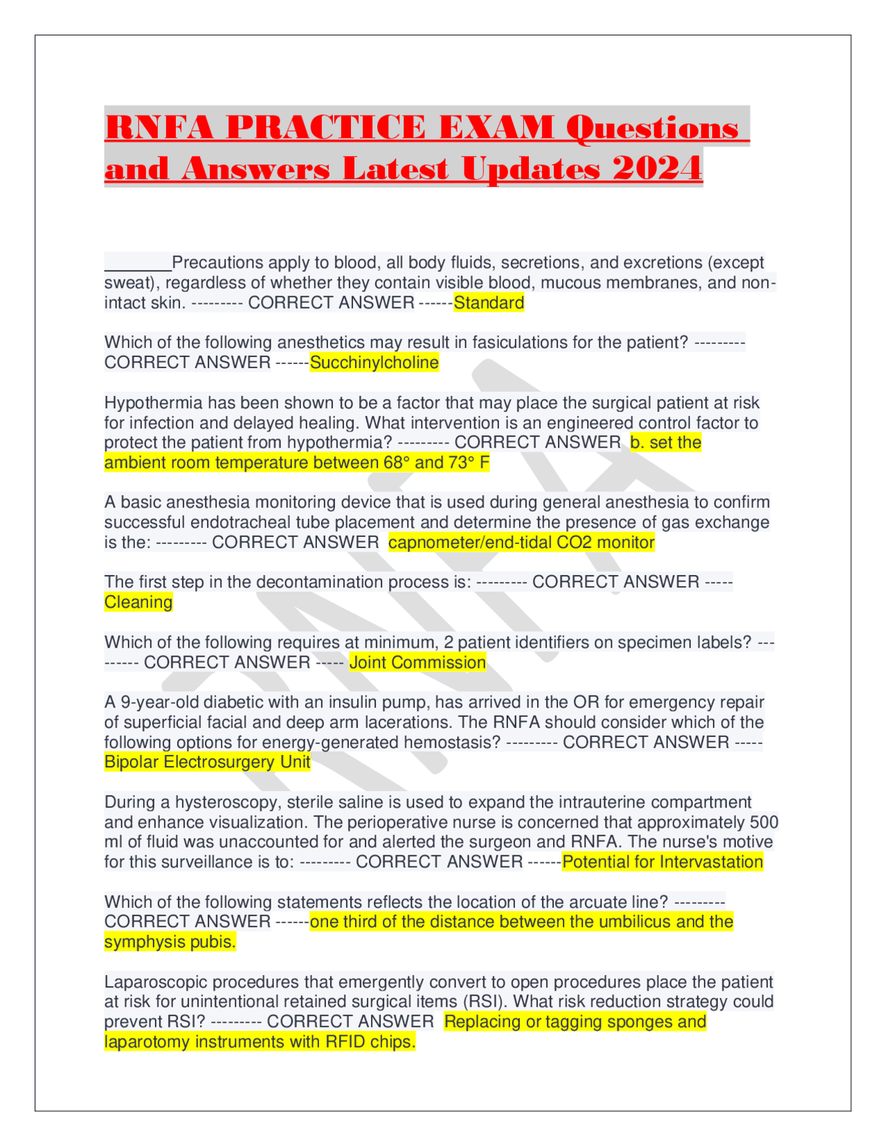 Sample Rnfa Log RNFA PRACTICE EXAM Questions and Answers Latest Updates 2024 | Exams ...