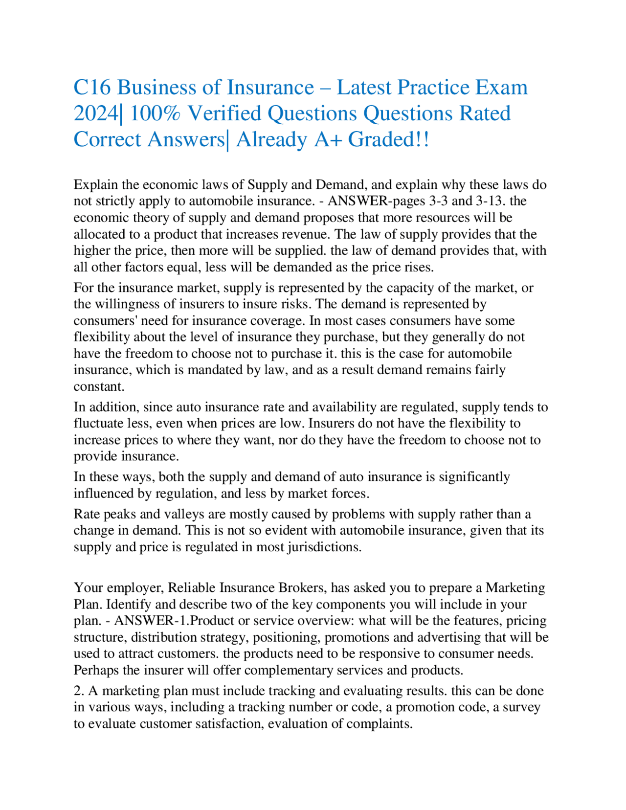 C16 BUSINESS OF INSURANCE - PRACTICE EXAM LATEST 2024 QUESTIONS WITH ...