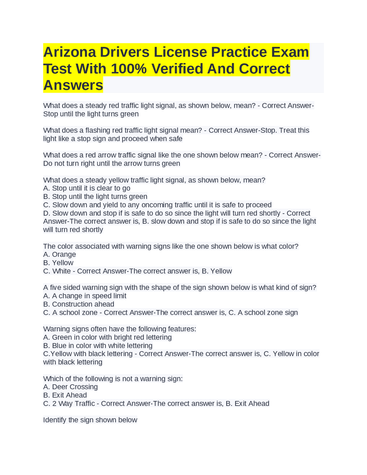 Arizona Drivers License Practice Exam Test With 100% Verified And ...