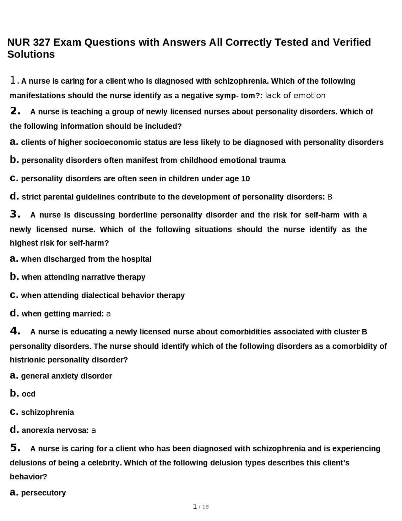 NUR 327 Exam Questions with Answers All Correctly Tested and Verified ...