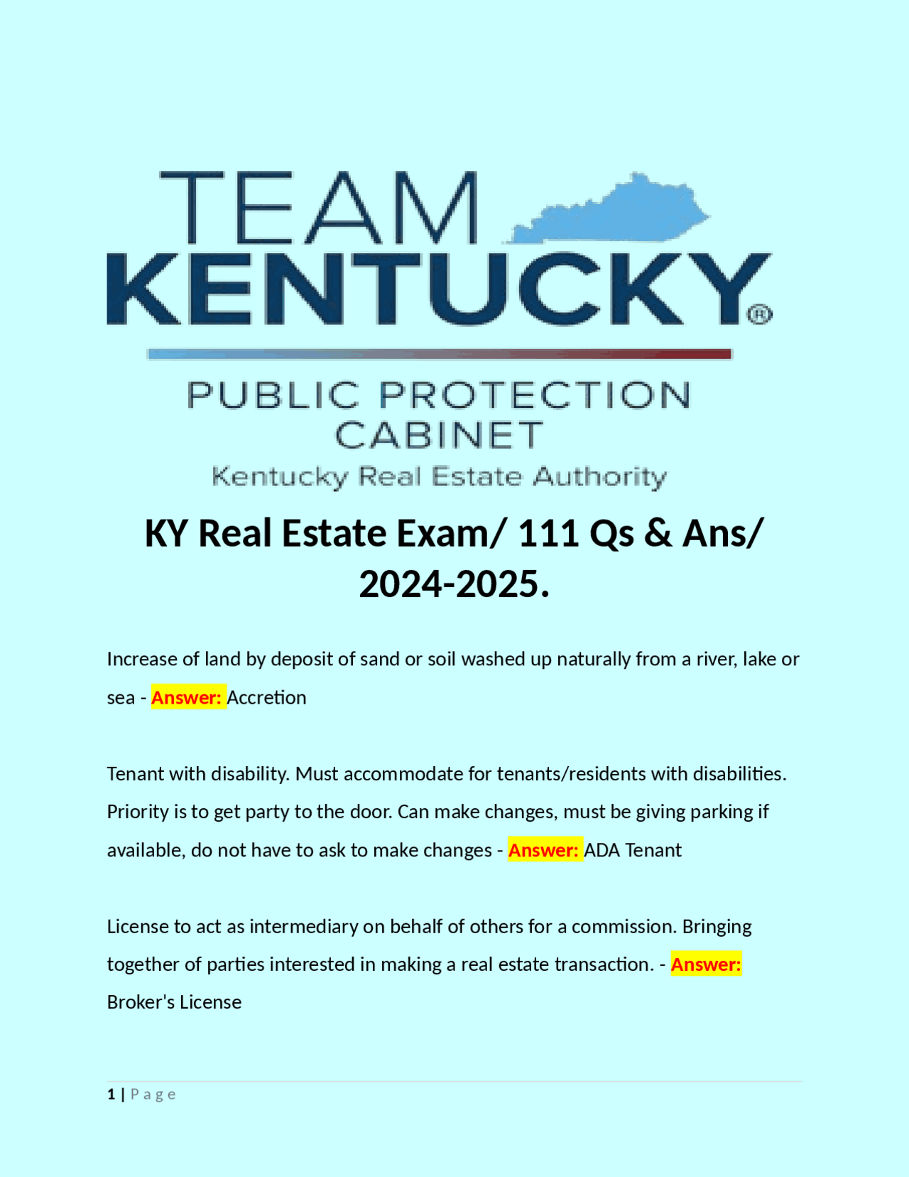 KY Real Estate Exam/ 111 Qs & Ans/ 20242025. Exams Real Estate