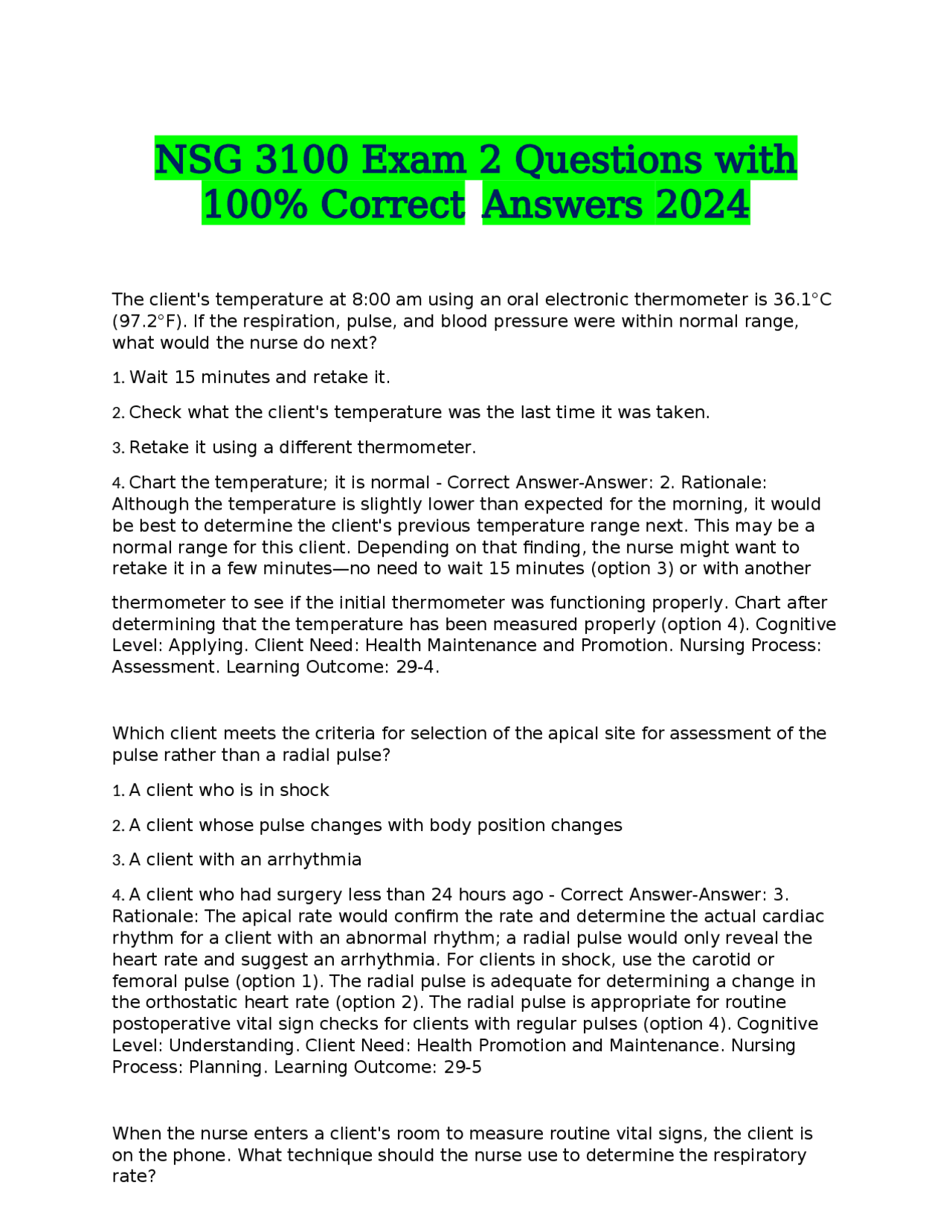 NSG 3100 Exam 2 Questions with 100% Correct Answers 2024 | Exams ...
