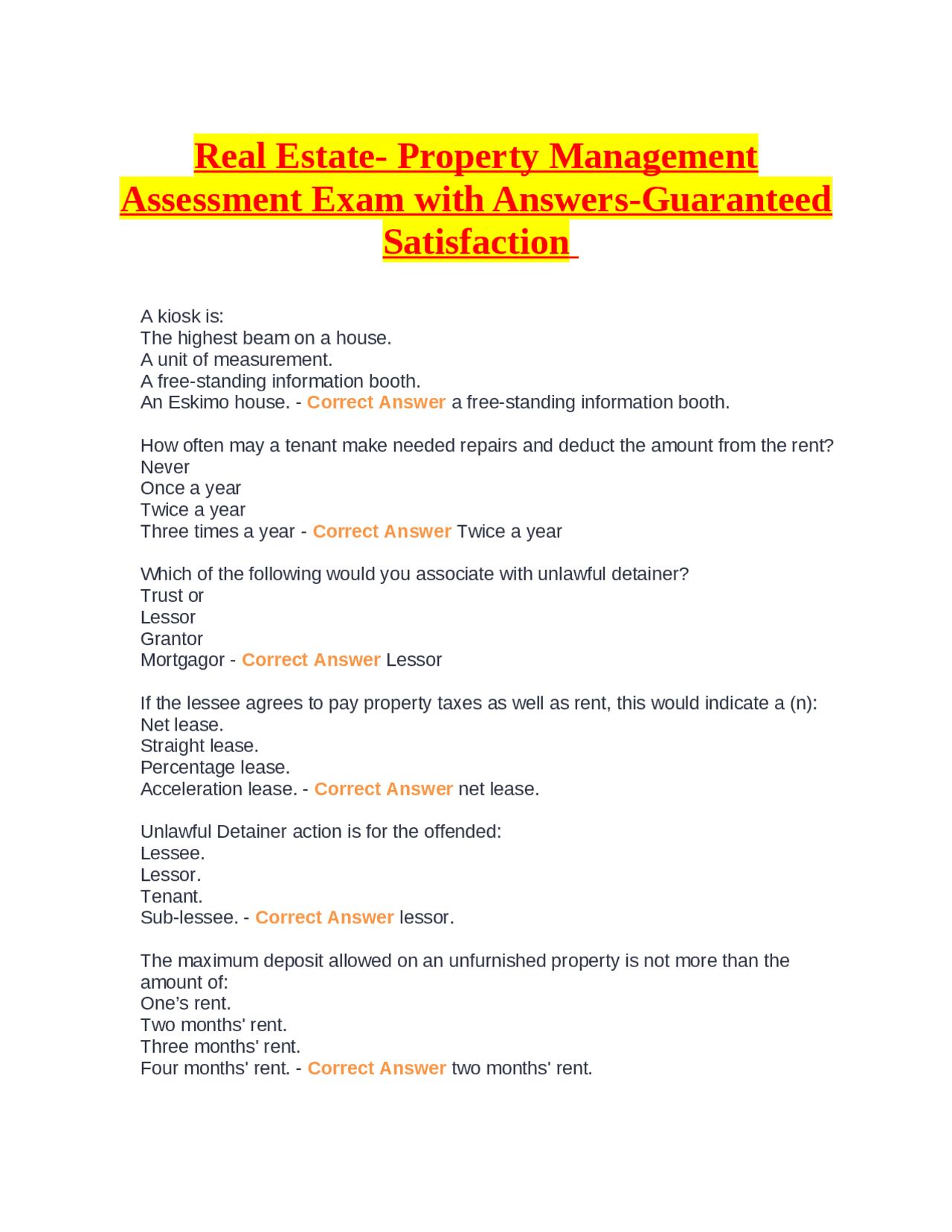 Assistant Property Manager Testing Real Estate- Property Management Assessment Exam with Answers ...