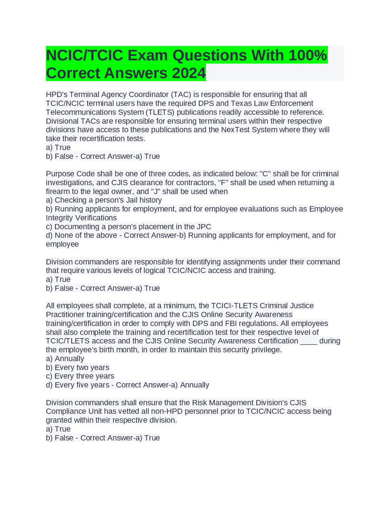 NCIC/TCIC Exam Questions With 100% Correct Answers 2024 | Exams ...