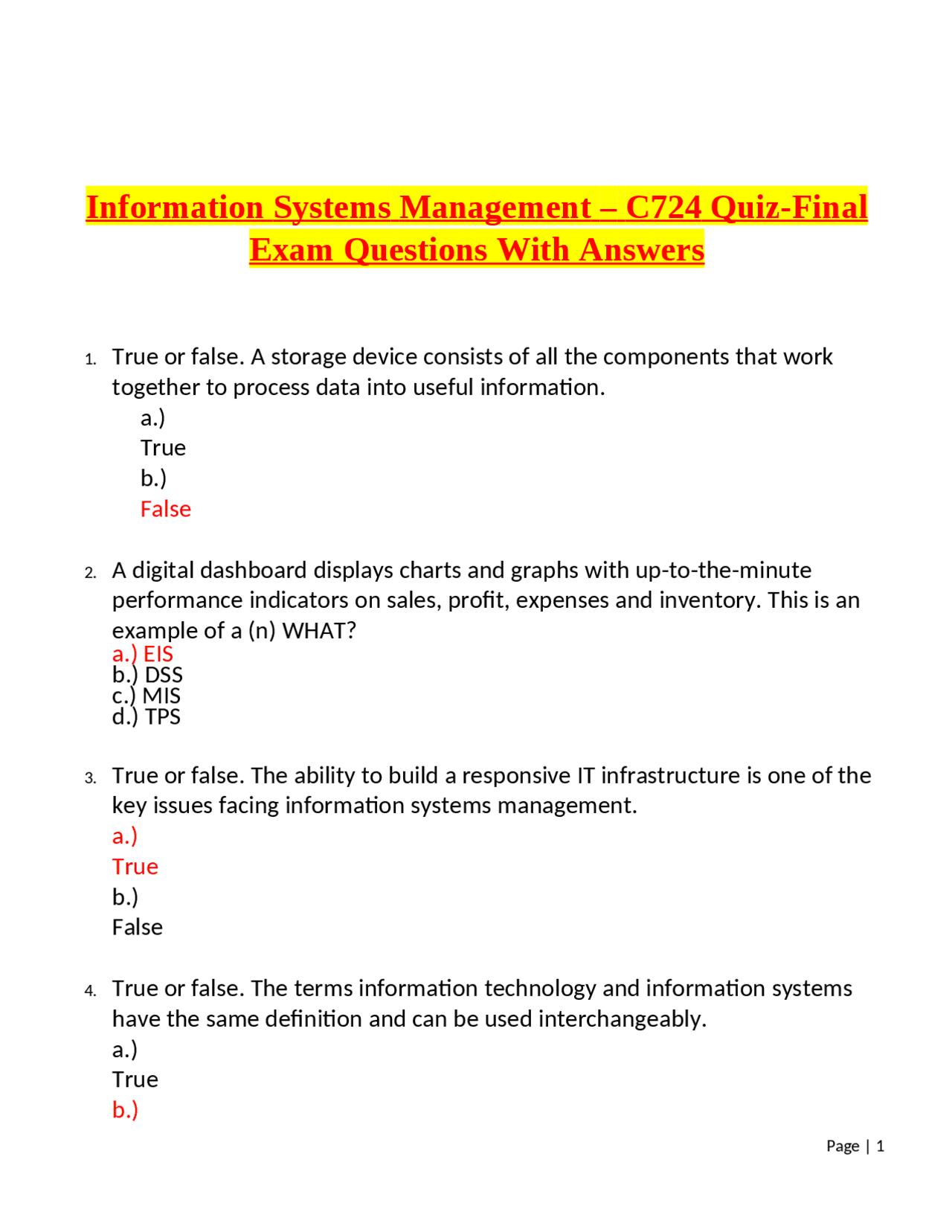 Information Systems Management – C724 Quiz-Final Exam Questions With ...