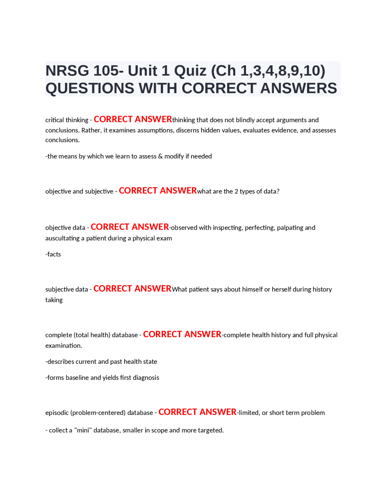 NRSG 105- Unit 1 Quiz (Ch 1,3,4,8,9,10) QUESTIONS WITH CORRECT ANSWERS ...