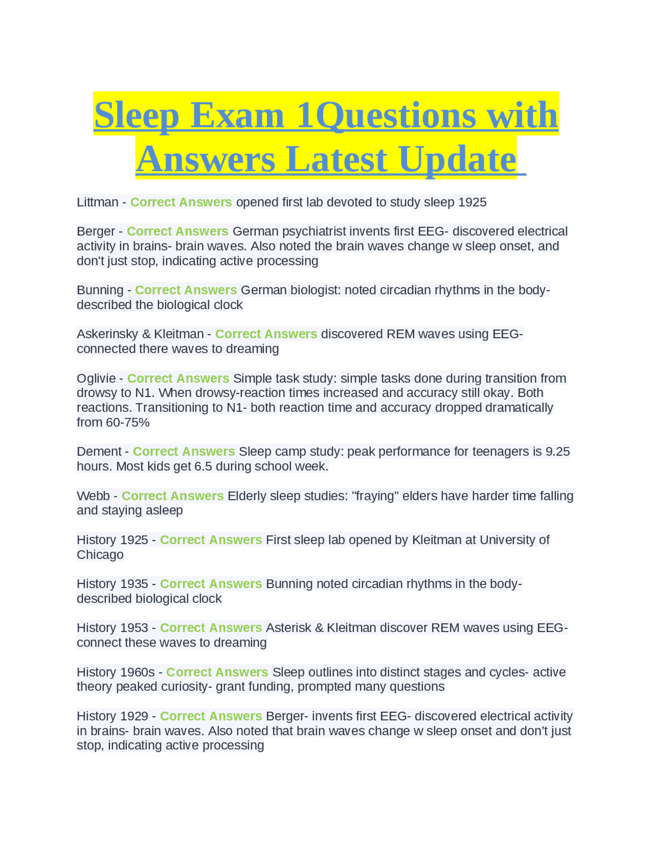 Sleep Exam 1Questions with Answers Latest Update | Exams Nursing | Docsity
