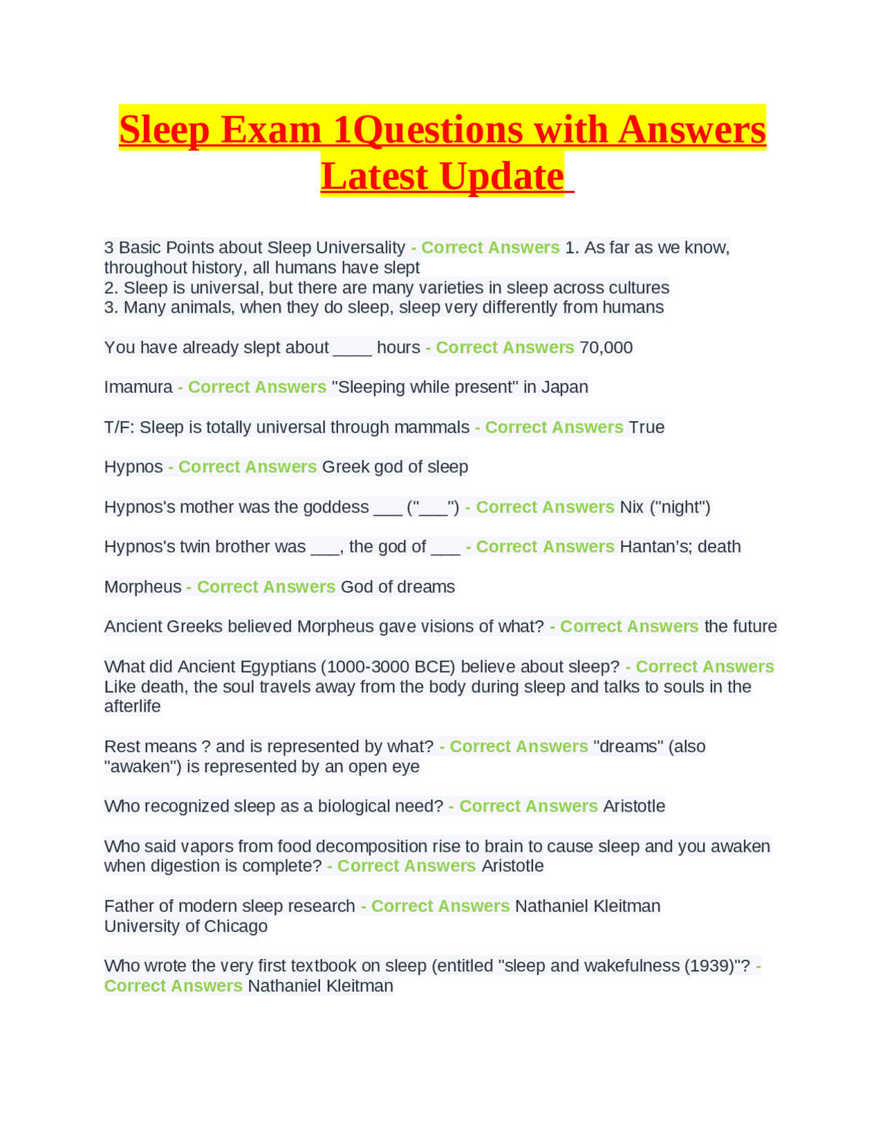 Sleep Exam 1Questions with Answers Latest Update | Exams Nursing | Docsity