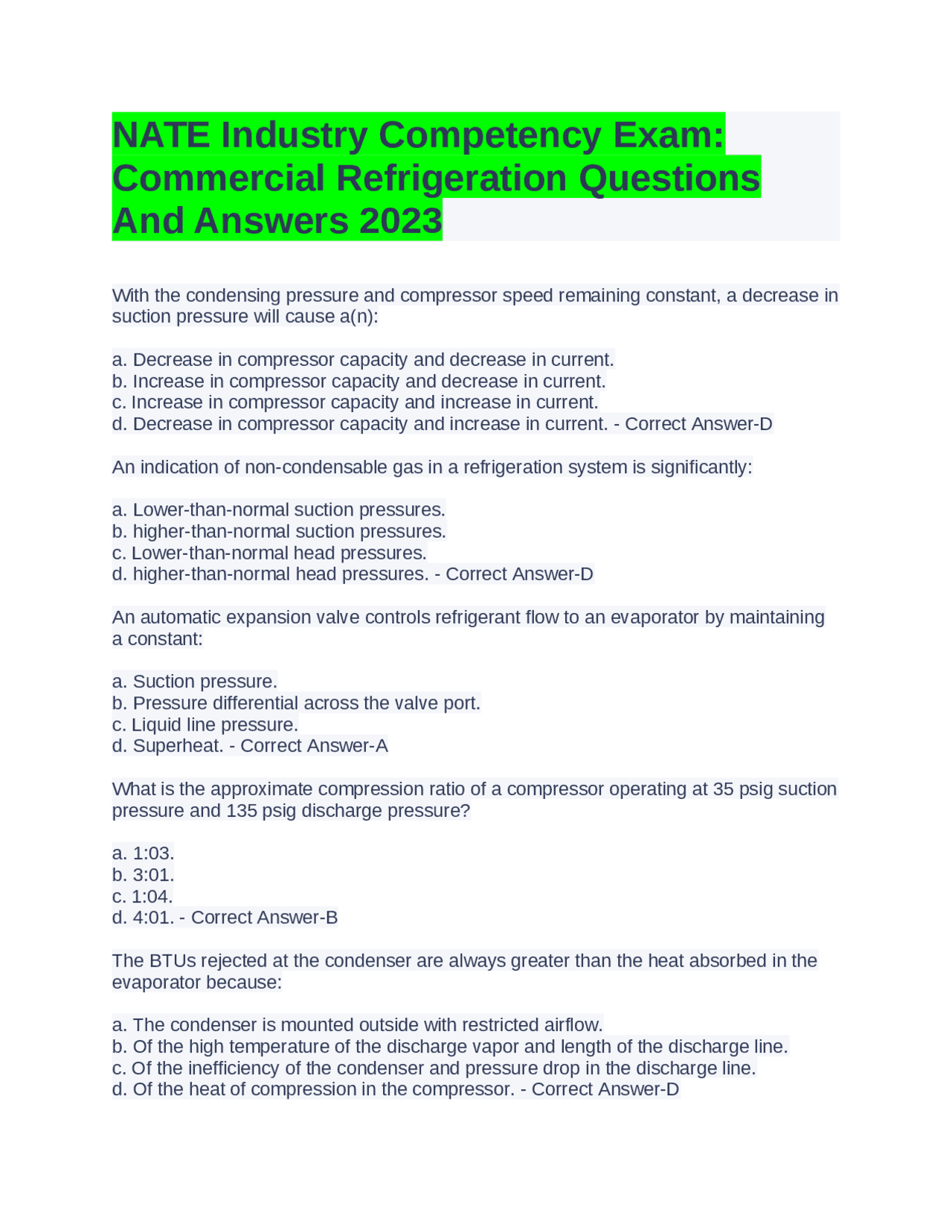 NATE Industry Competency Exam: Commercial Refrigeration Questions And Answers 2023 | Exams ...