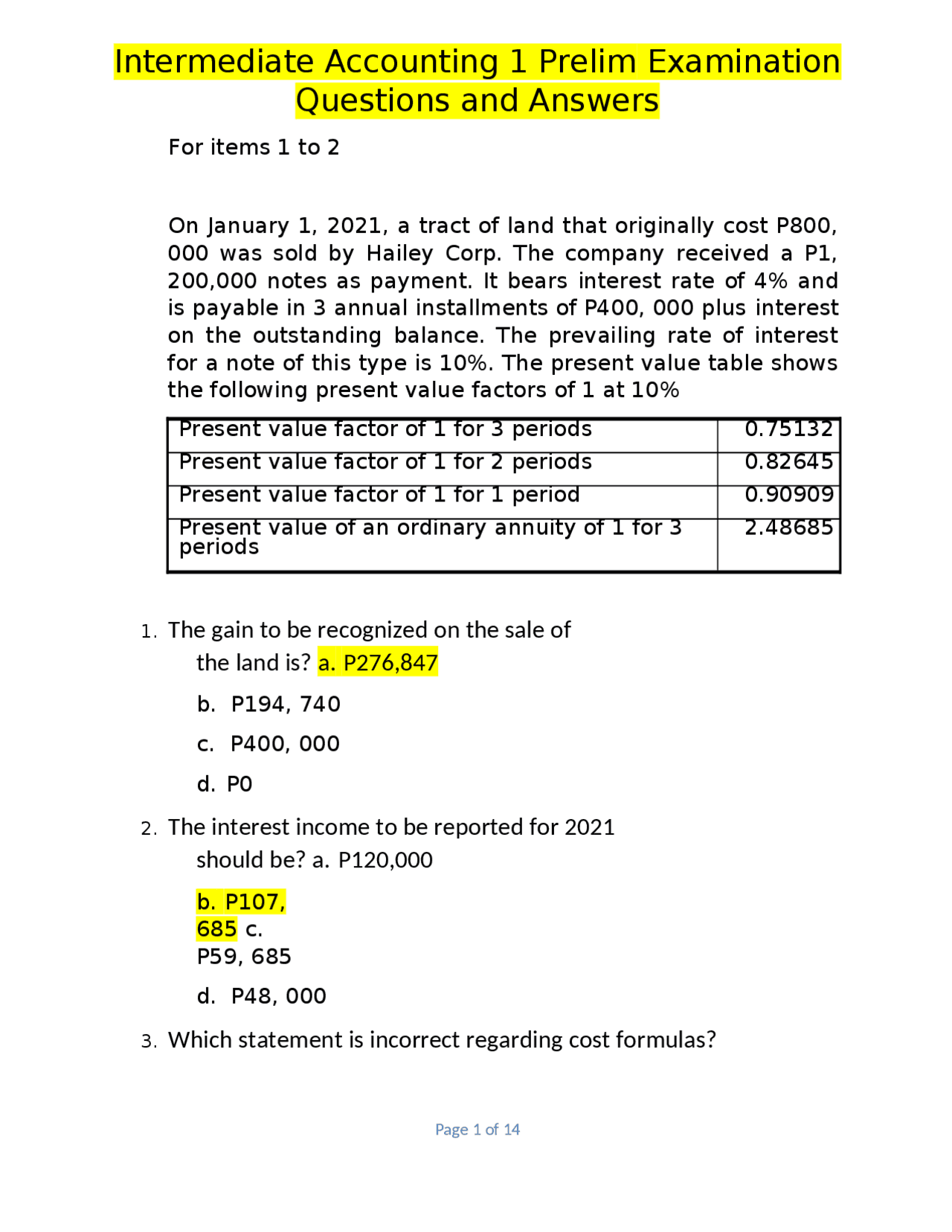 Intermediate Accounting 1 Prelim Examination Questions and Answers ...