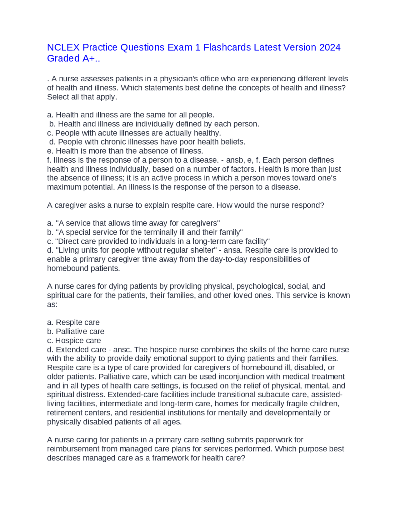 NCLEX Practice Questions Exam 1 Flashcards Latest Version 2024 Graded ...