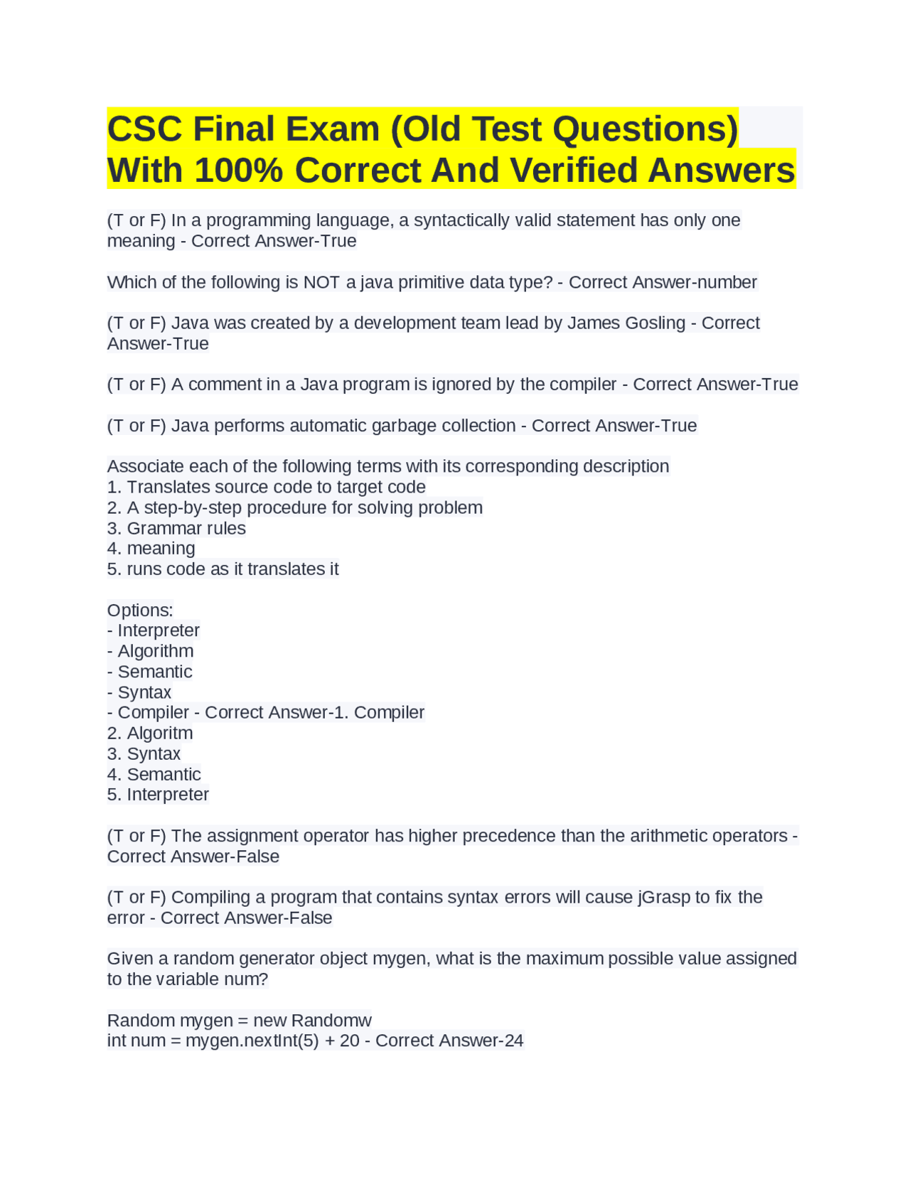 CSC Final Exam (Old Test Questions) With 100% Correct And Verified ...