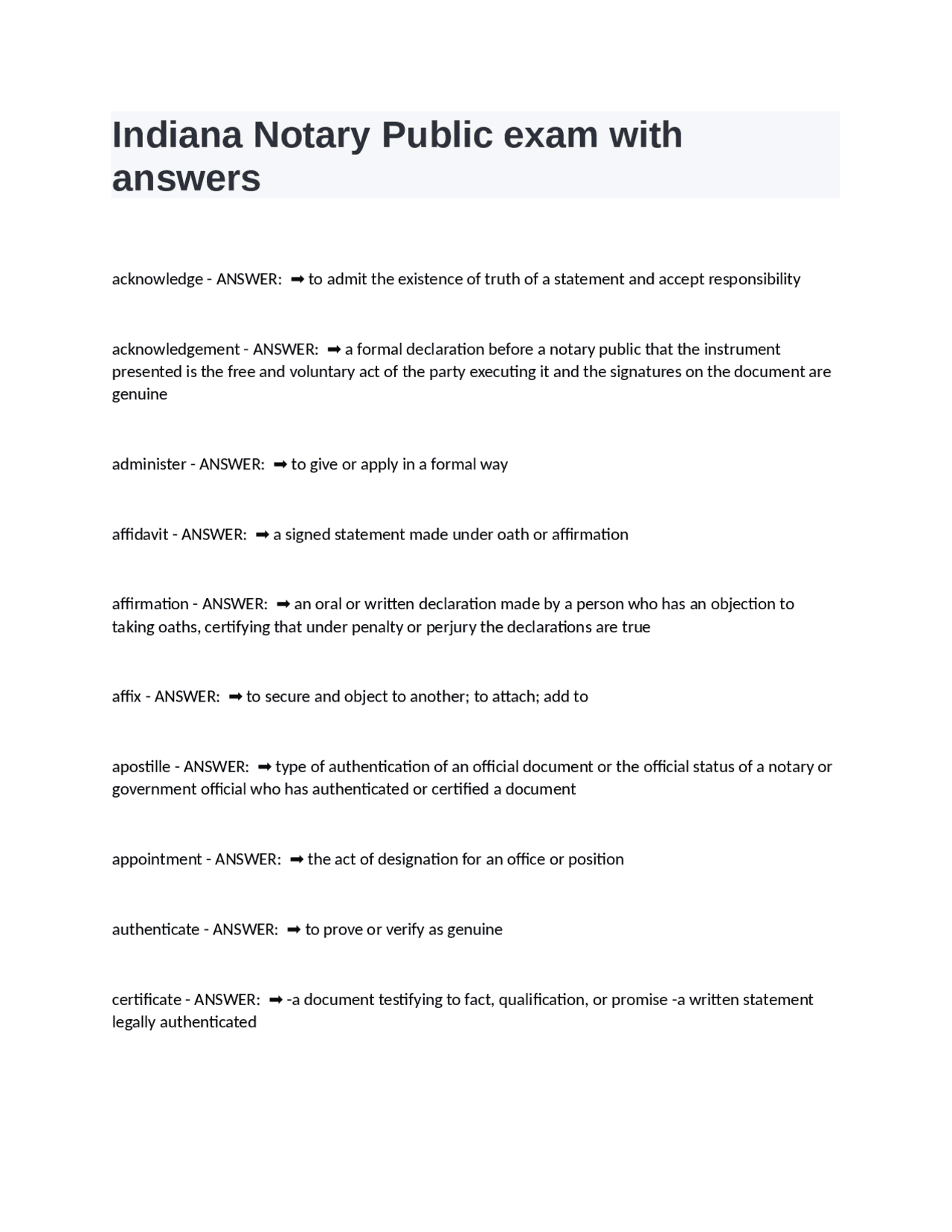 Indiana Notary Public exam with answers Exams Nursing Docsity