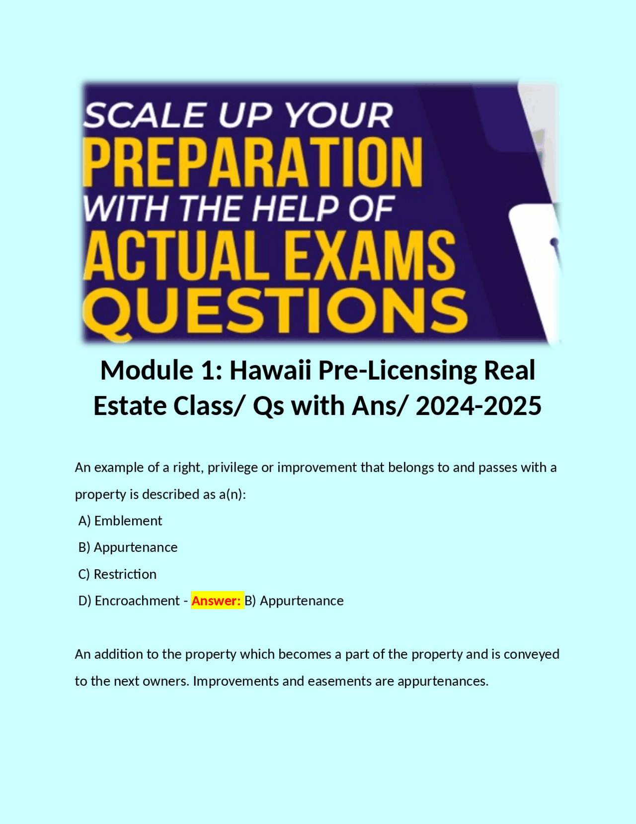 Module 1 Hawaii PreLicensing Real Estate Class/ Qs with Ans/ 2024