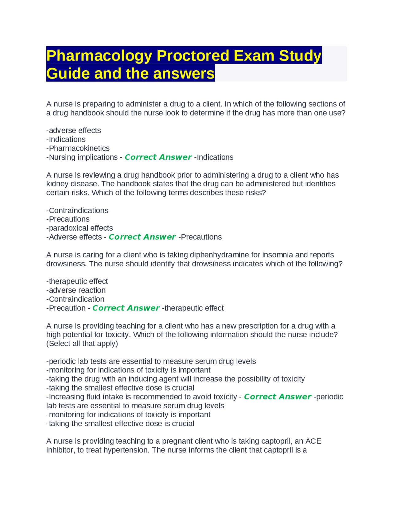 Pharmacology Proctored Exam Study Guide and the answers | Exams ...