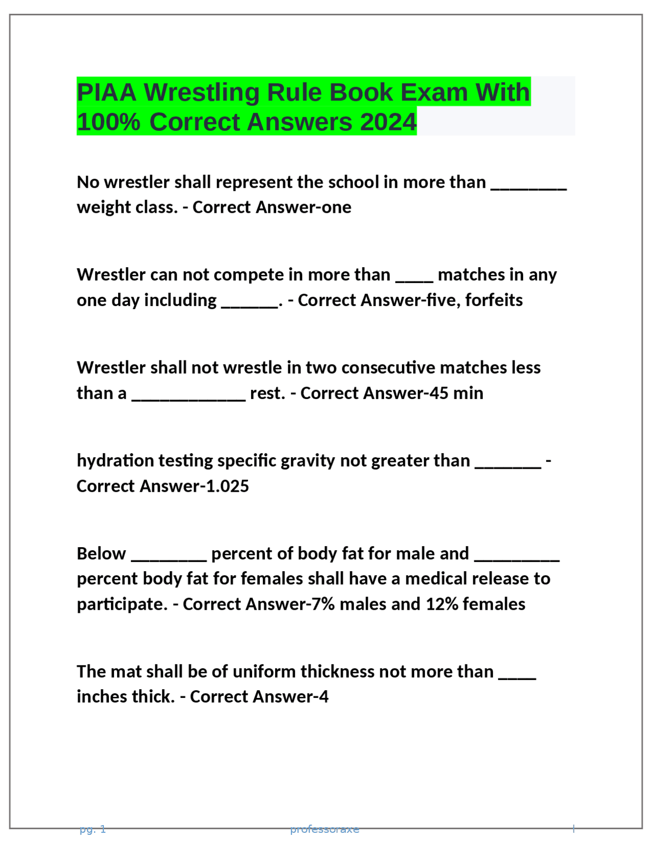 PIAA Wrestling Rule Book Exam With 100 Correct Answers 2024 Exams