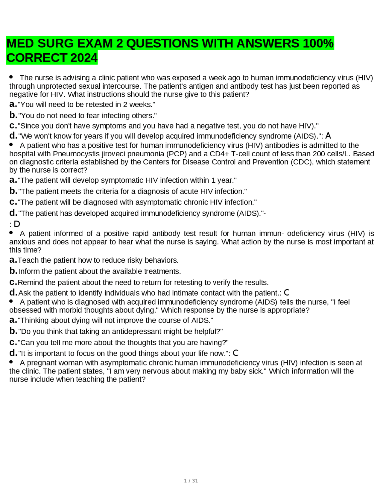 MED SURG EXAM 2 QUESTIONS WITH ANSWERS 100% CORRECT 2024 | Exams ...