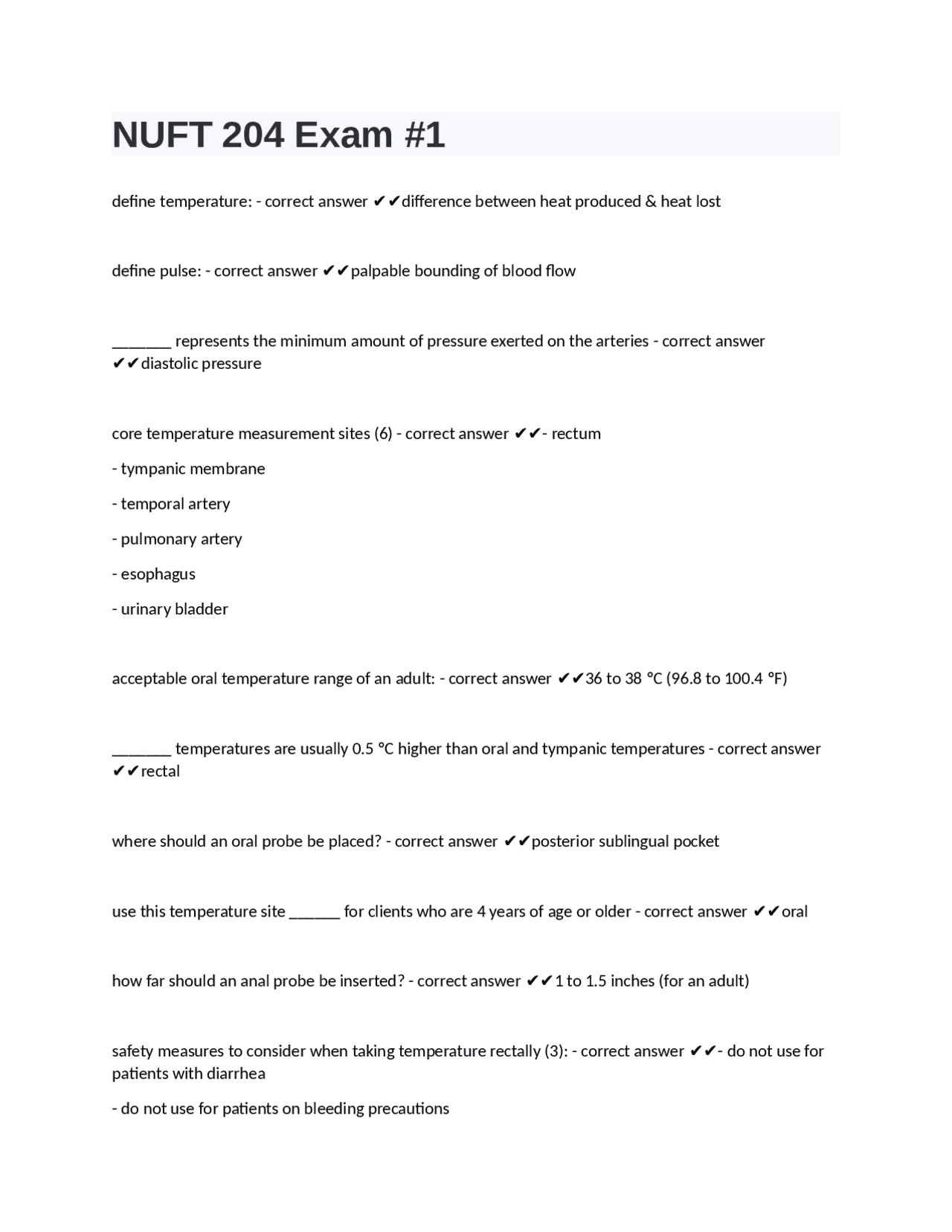 NUFT 204 Exam #1 with verified answers | Exams Nursing | Docsity