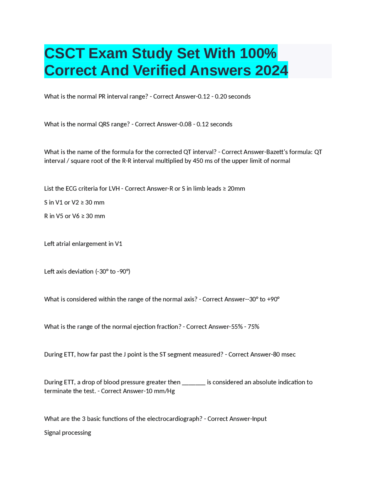 CSCT Exam Study Set With 100 Correct And Verified Answers 2024 Exams