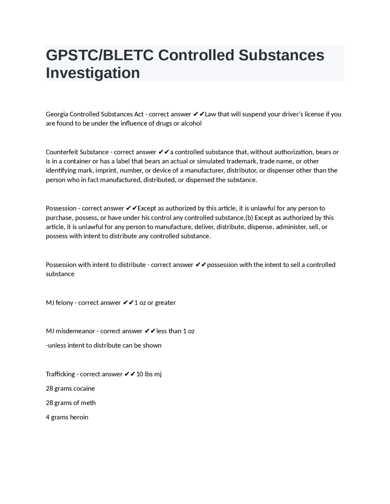 GPSTC/BLETC Controlled Substances Investigation fully solved Exams