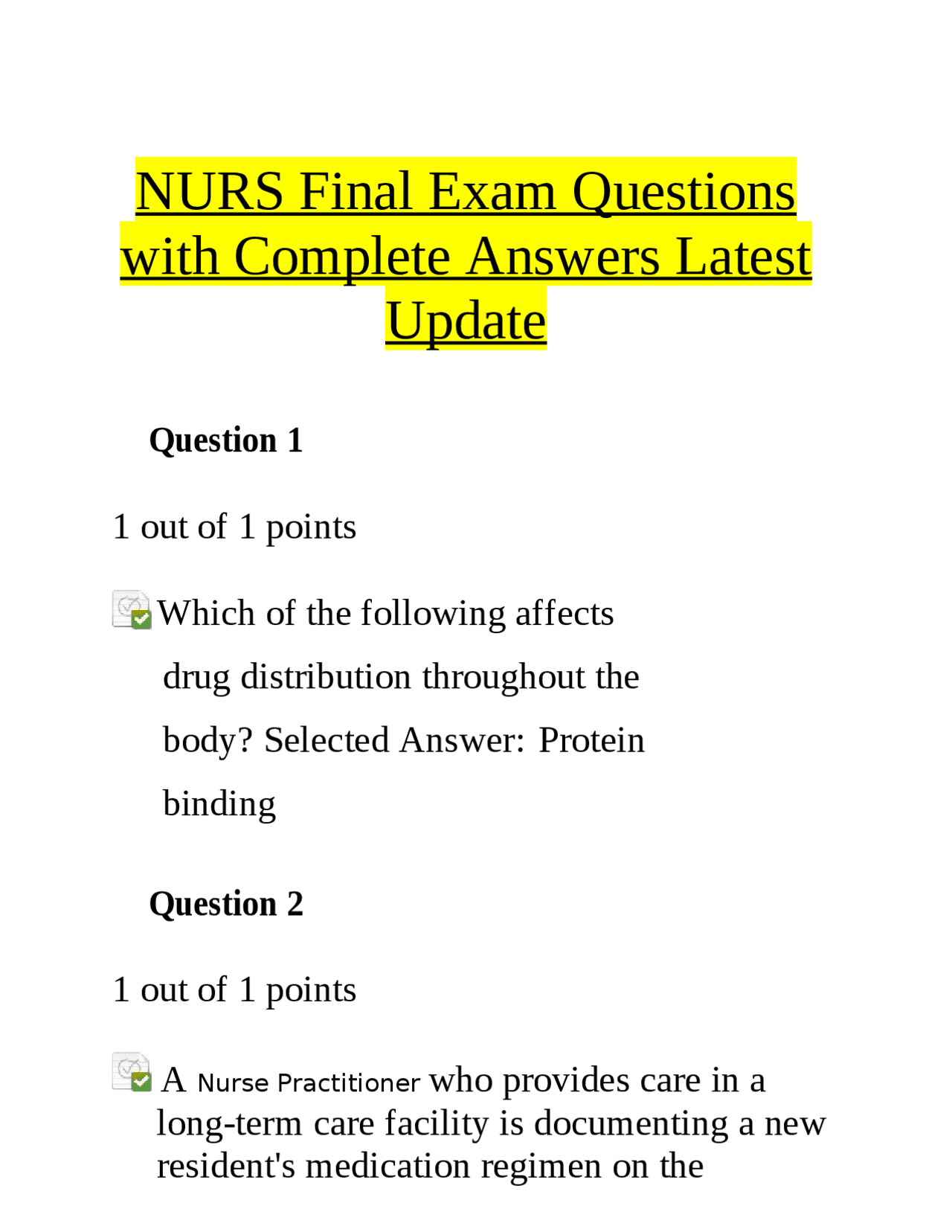 NURS Final Exam Questions with Complete Answers Latest Update | Exams ...