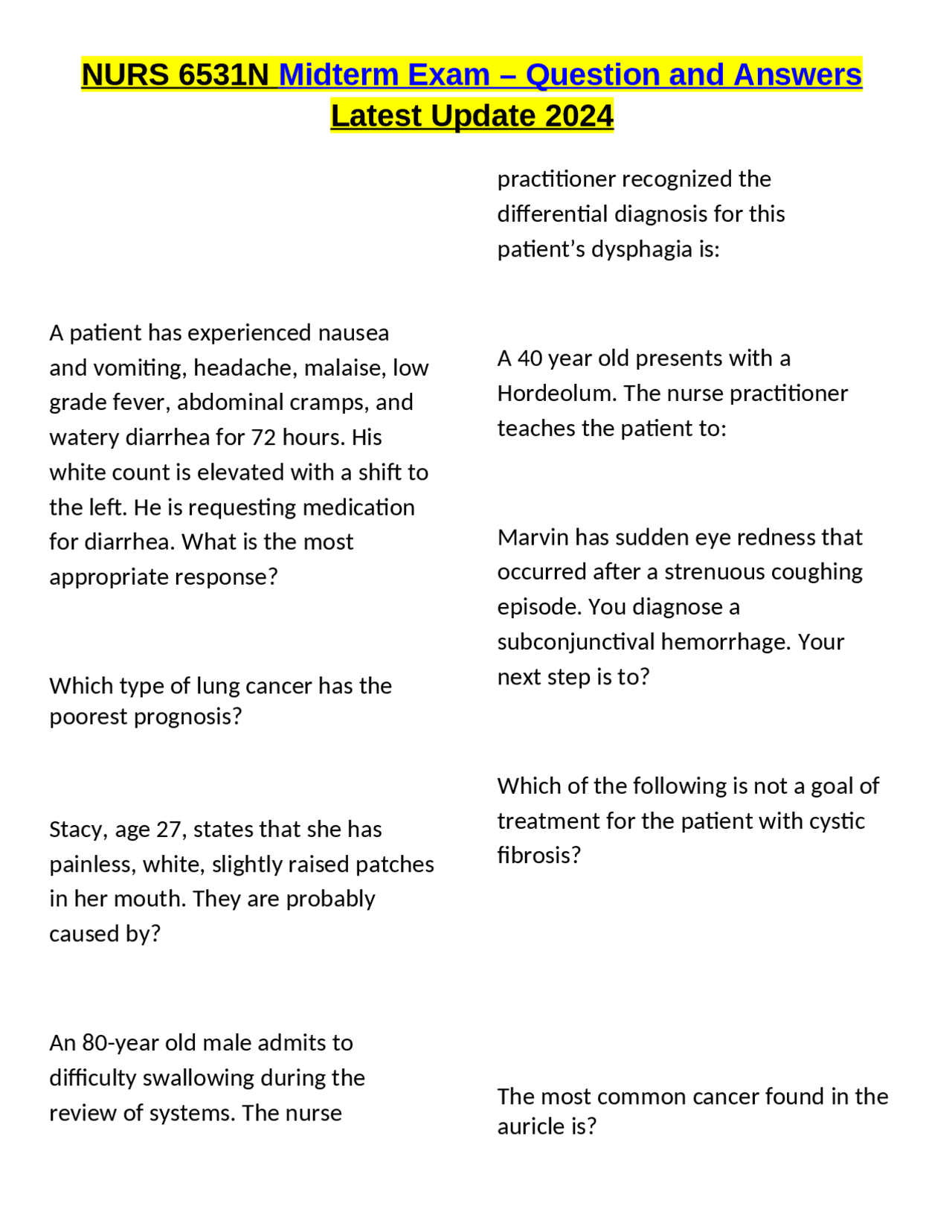 NURS 6531N Midterm Exam - Questions and Answers | Exams Nursing | Docsity