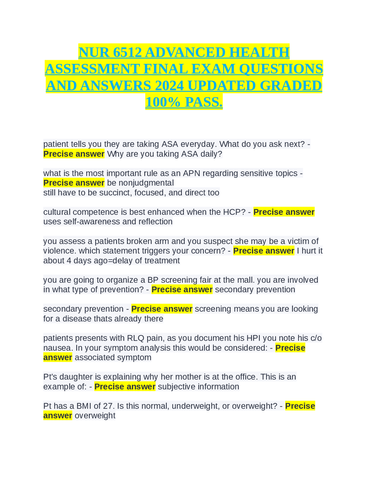 NUR 6512 ADVANCED HEALTH ASSESSMENT FINAL EXAM QUESTIONS AND ANSWERS ...