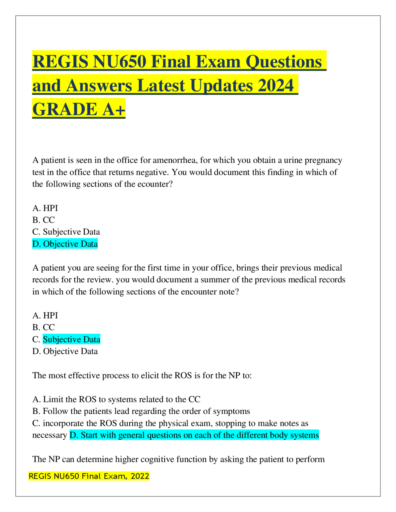 REGIS NU650 Final Exam Questions and Answers Latest Updates 2024 GRADE ...