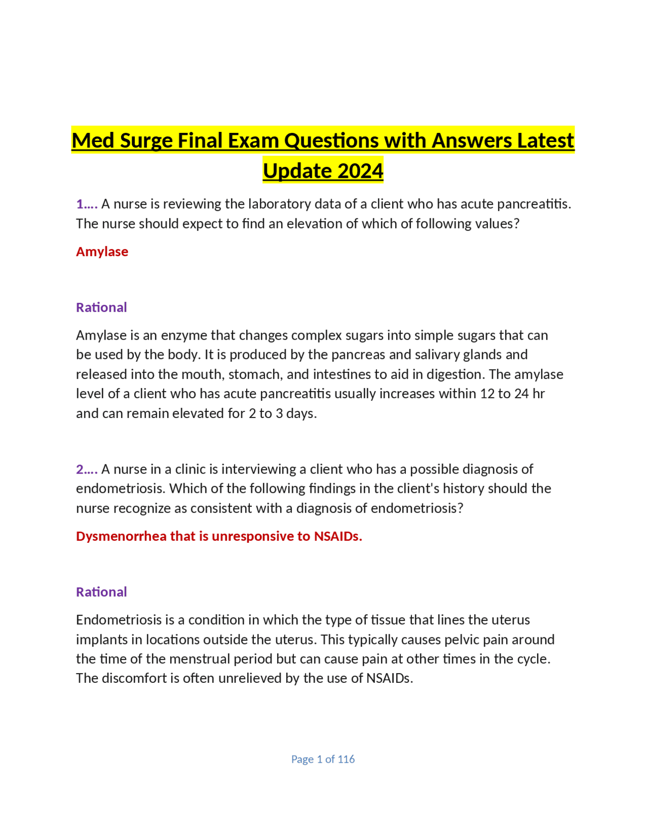 Med Surge Final Exam Questions with Answers Latest Update 2024 | Exams ...