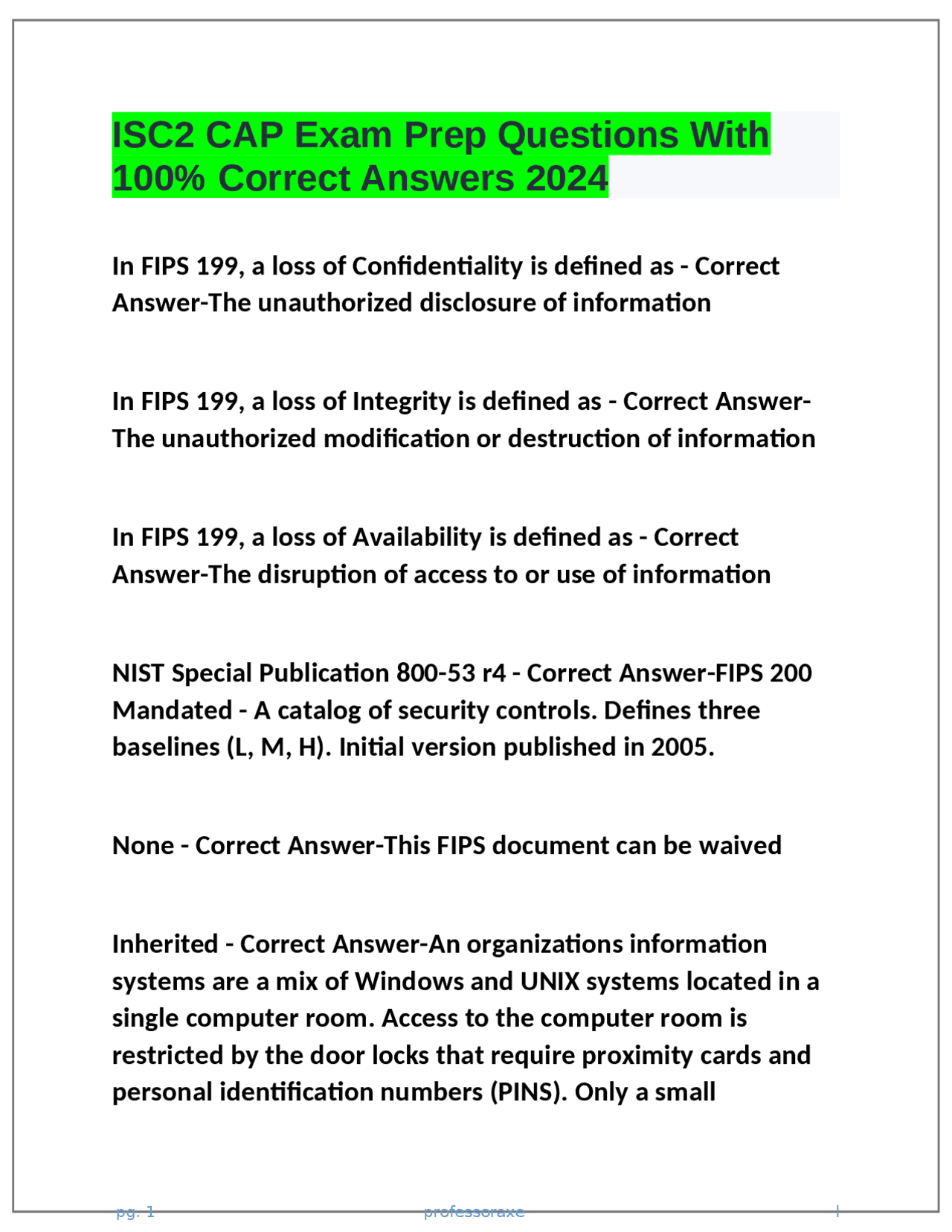 ISC2 CAP Exam Prep Questions With 100% Correct Answers 2024 | Exams ...