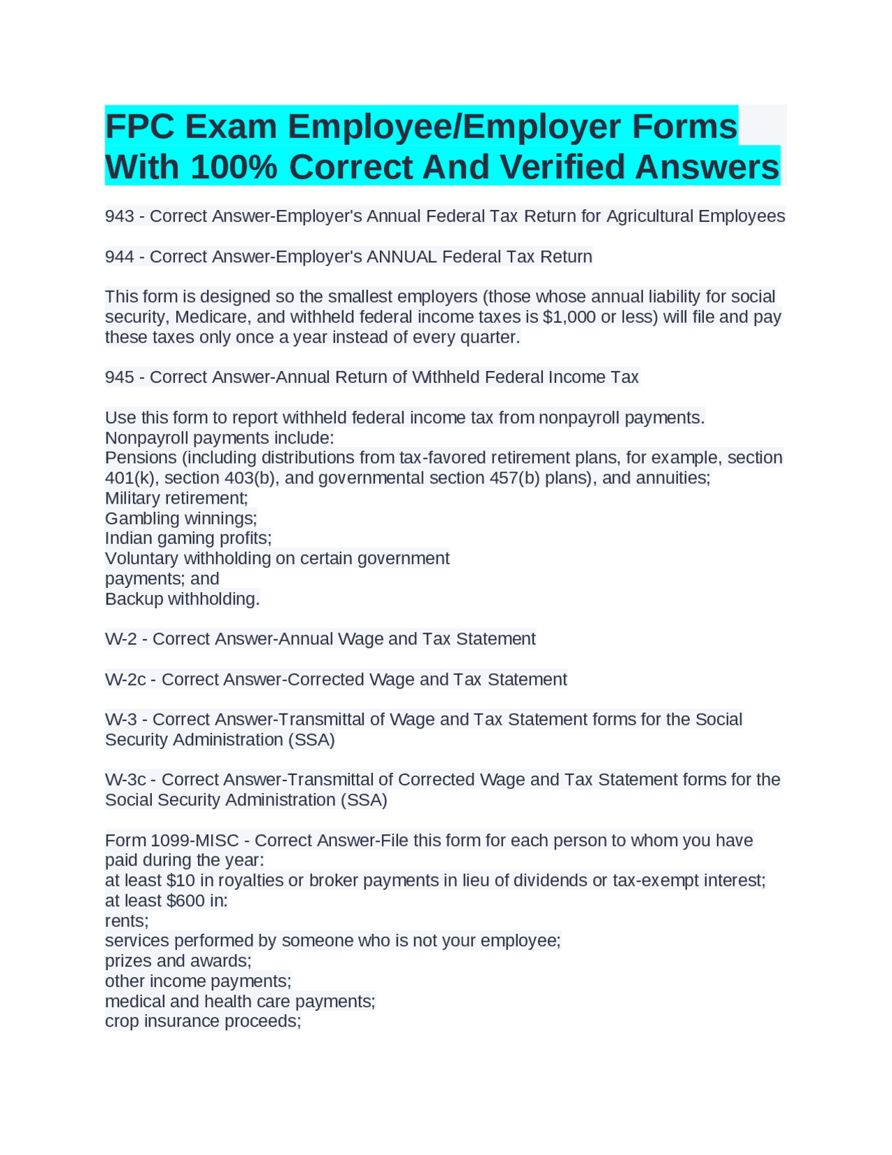 Fpc Question FPC Exam Employee/Employer Forms With 100% Correct And Verified Answers ...
