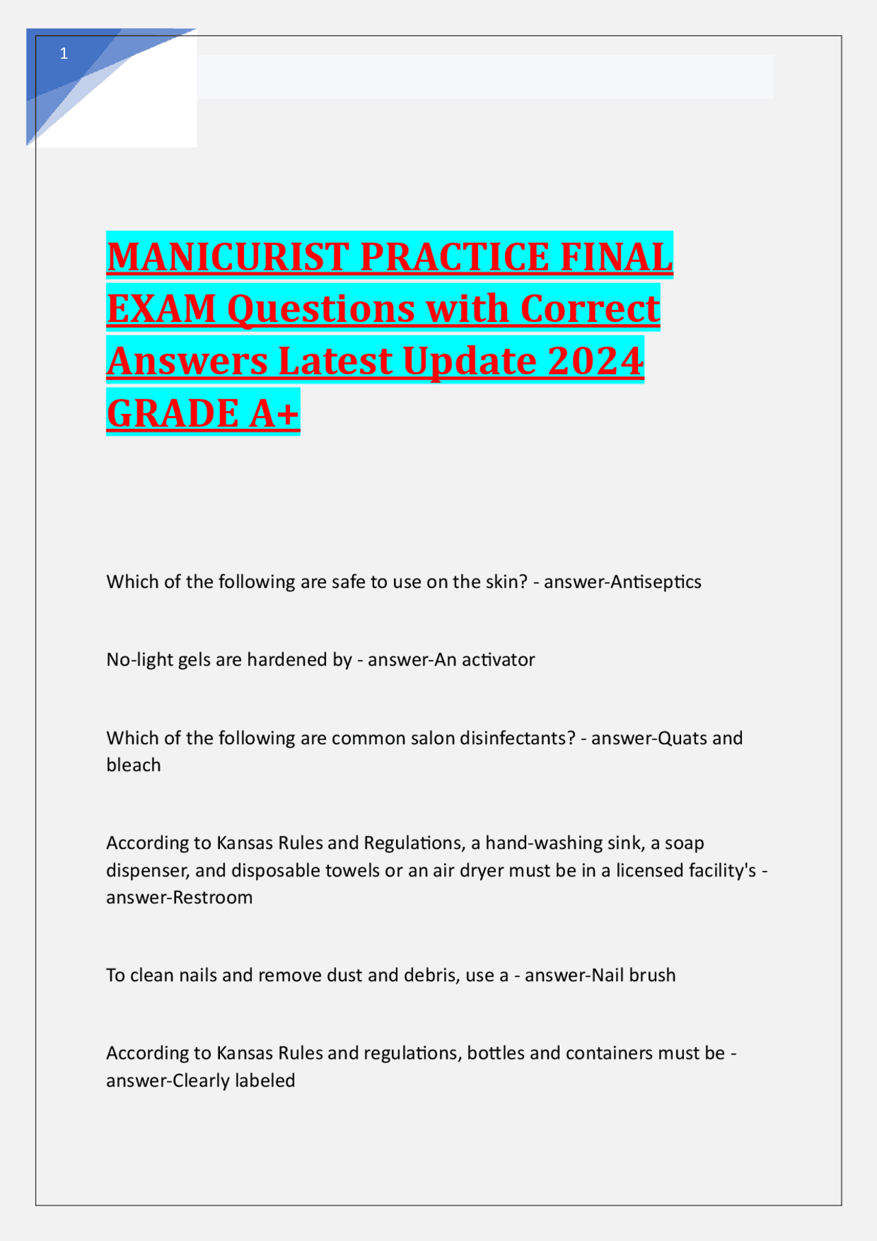 MANICURIST PRACTICE FINAL EXAM Questions with Correct Answers Latest ...