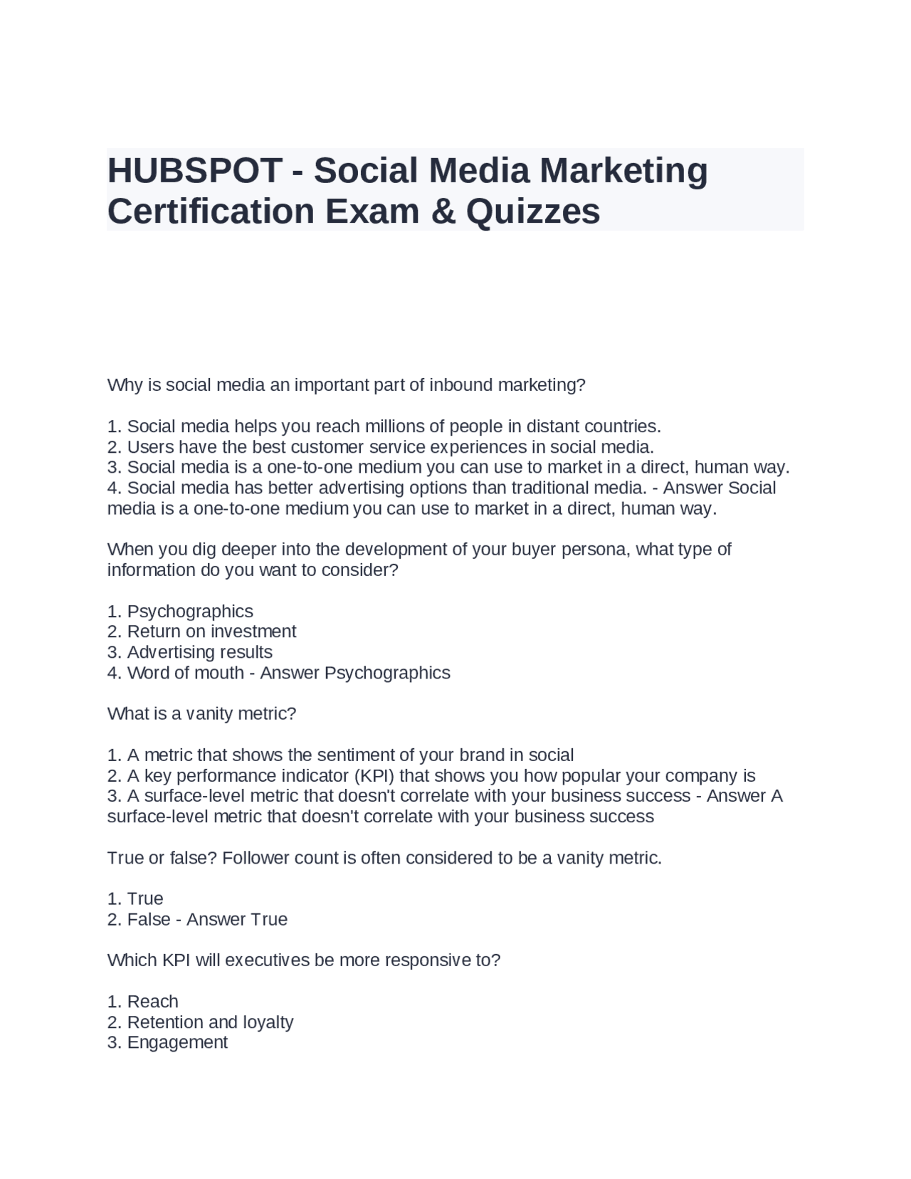 HUBSPOT - Social Media Marketing Certification Exam Questions and ...