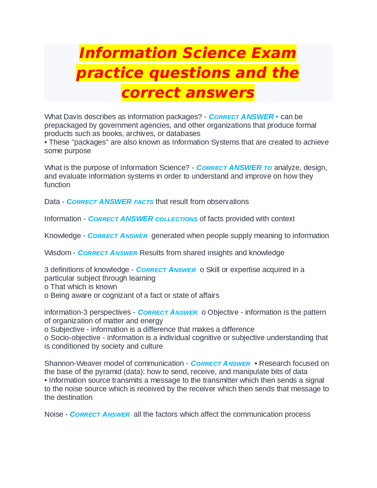 Information Science Exam practice questions and the correct answers ...