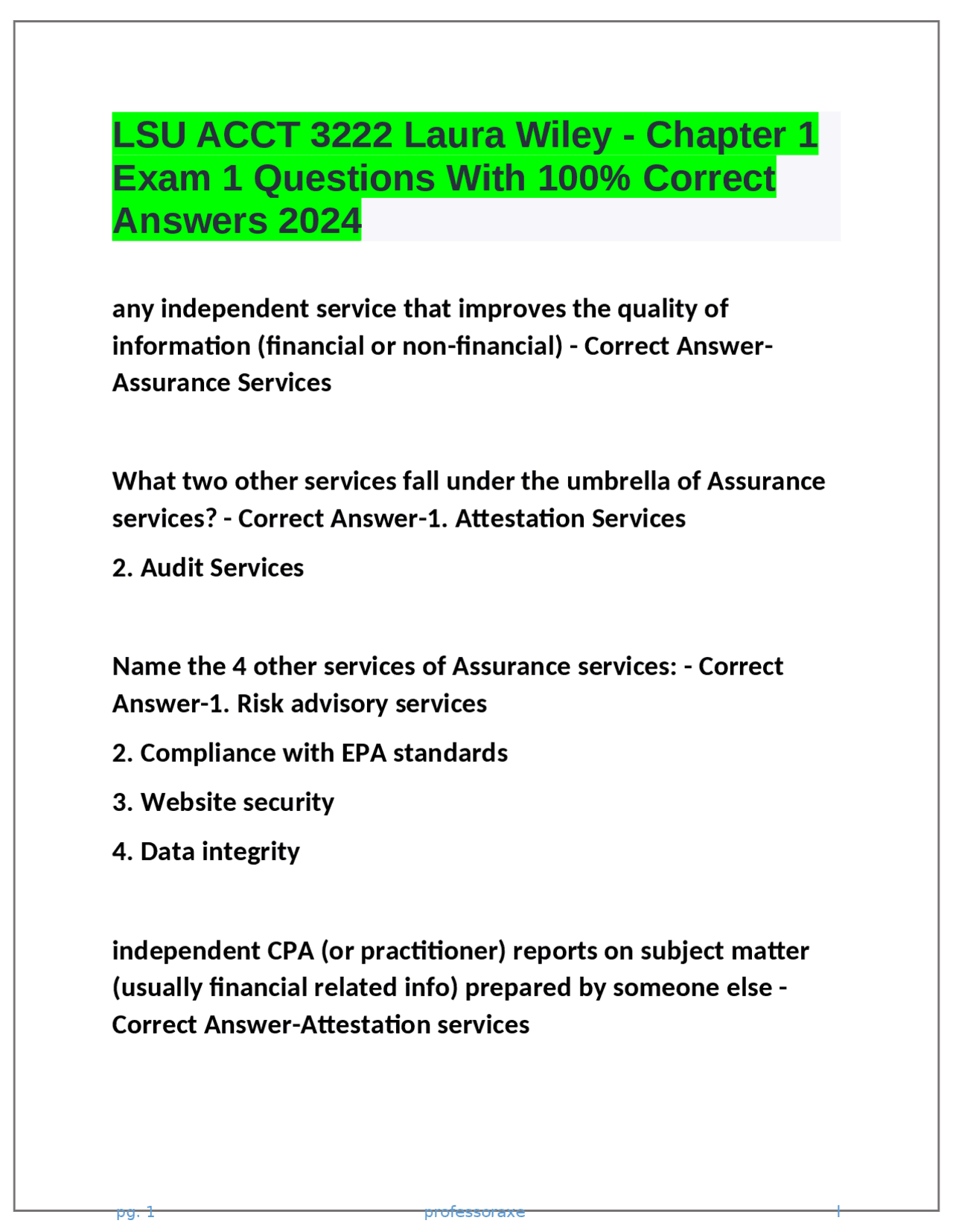 Lsu Acct 3222 Laura Wiley Chapter 1 Exam 1 Questions With 100 Correct Answers 2024 Exams Lsu Acct 3222 Laura Wiley Chapter 1 Exam 1 Questions With 100 Correct Answers 2024 Exams