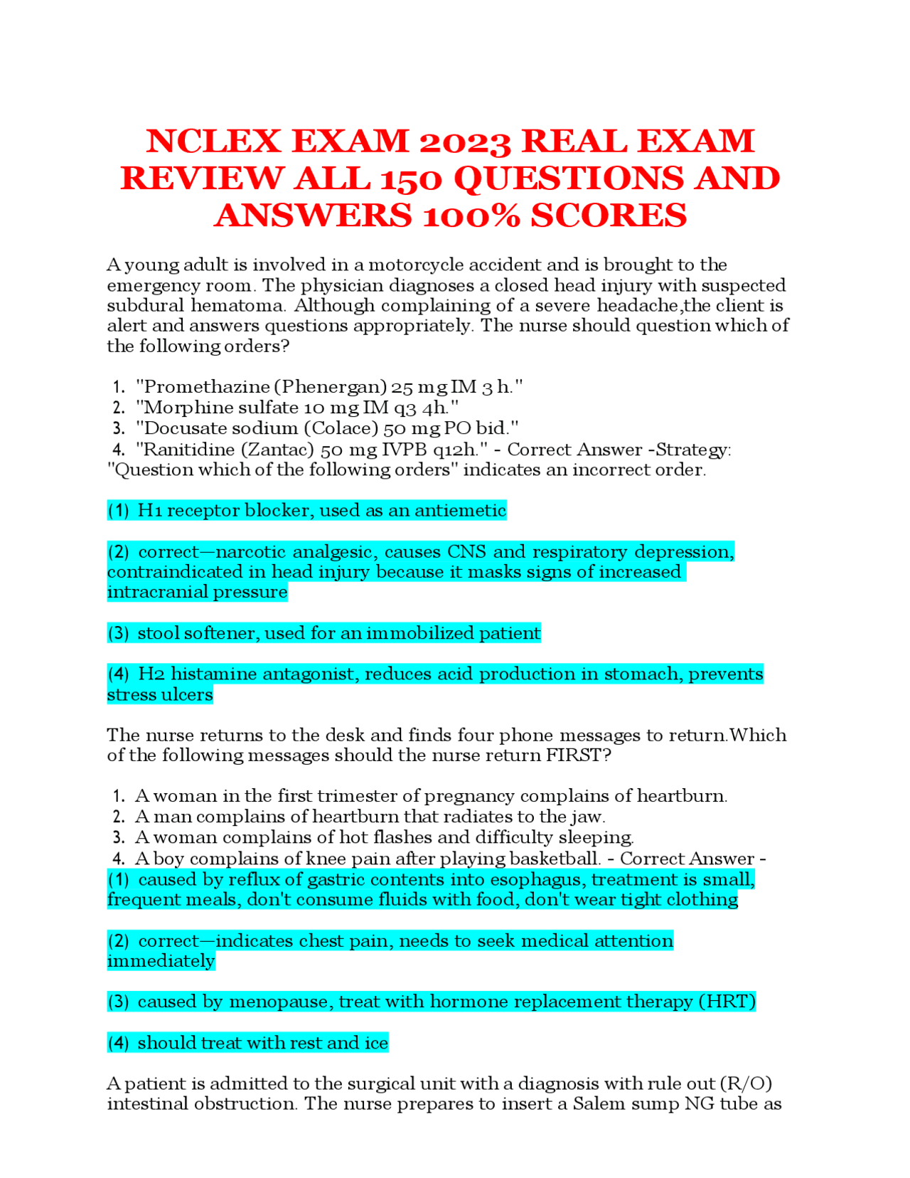 NCLEX EXAM 2023 REAL EXAM REVIEW ALL 150 QUESTIONS AND ANSWERS 100% ...