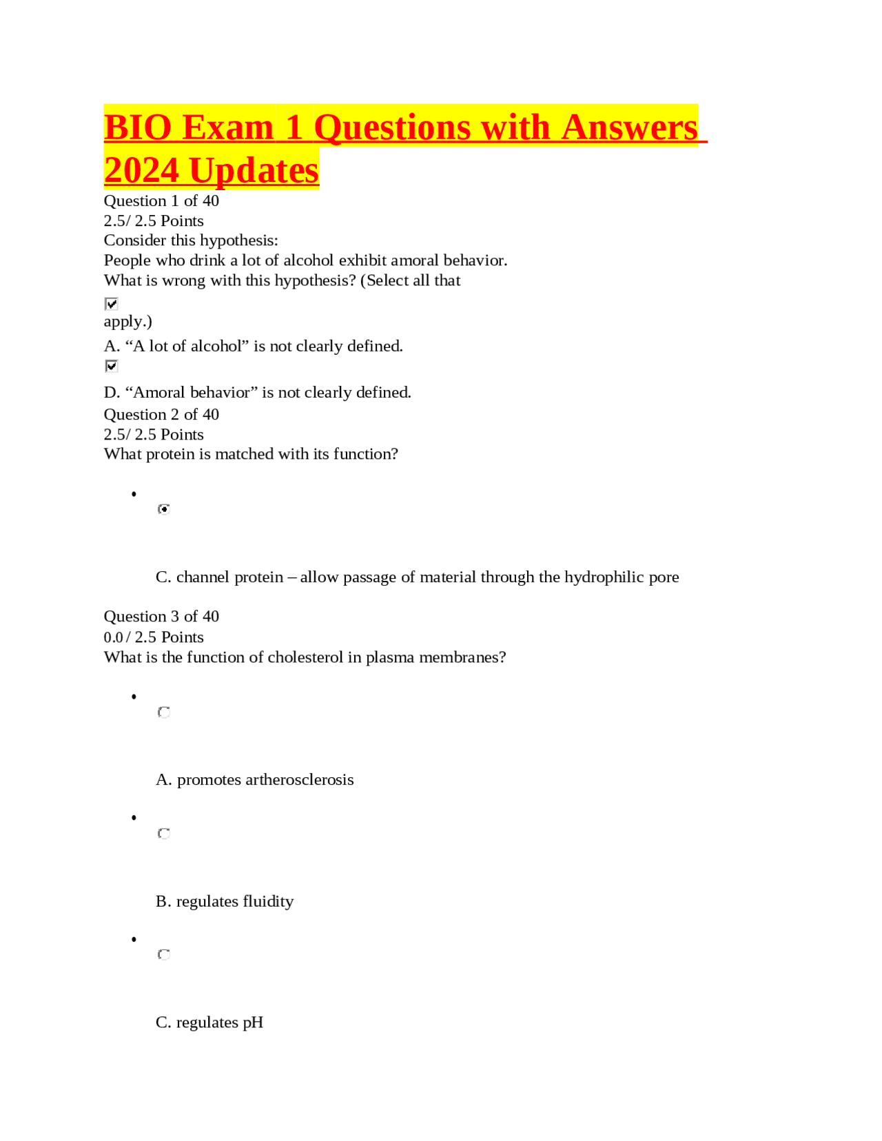BIO Exam 1 Questions with Answers 2024 Updates latest version | Exams ...