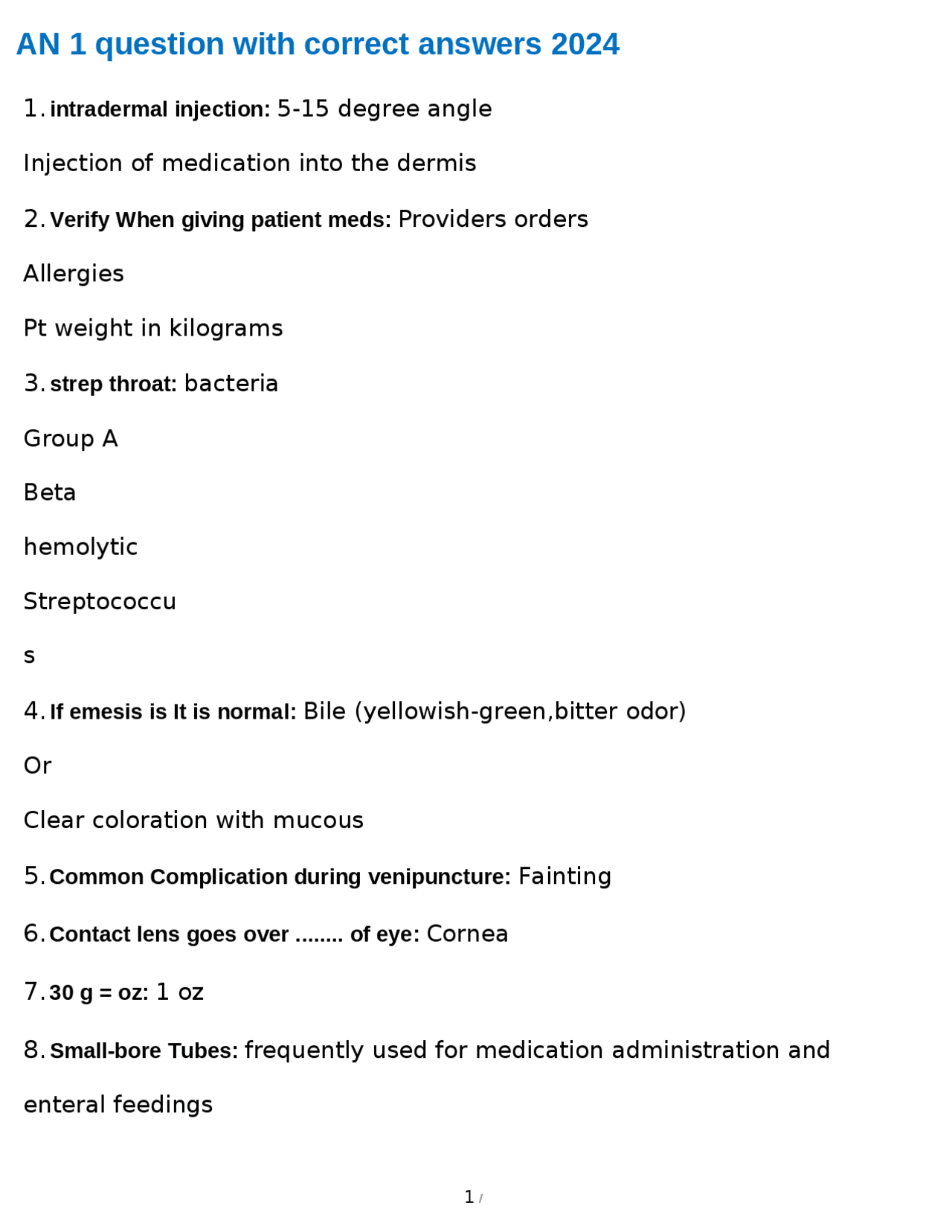 AN 1 question with correct answers 2024 | Exams Nursing | Docsity